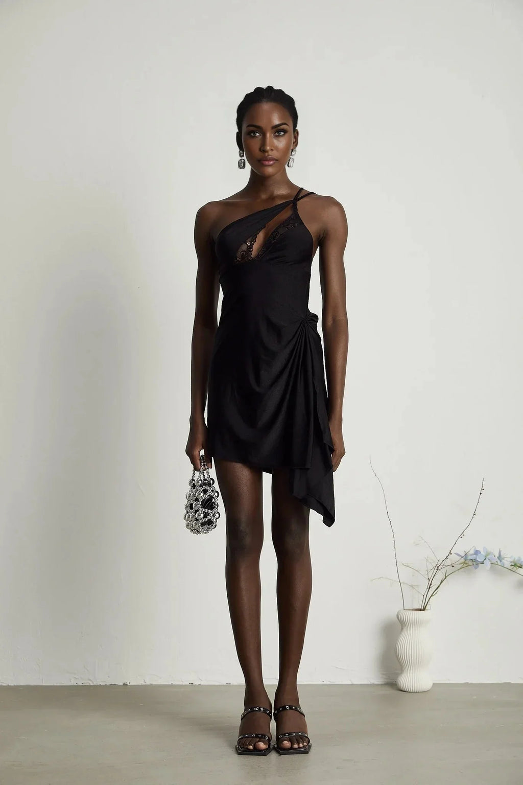 Addison Mini Dress - One - Shoulder Style - Lace and Cut - Out Detailing - Side Split - Asymmetric Hem
