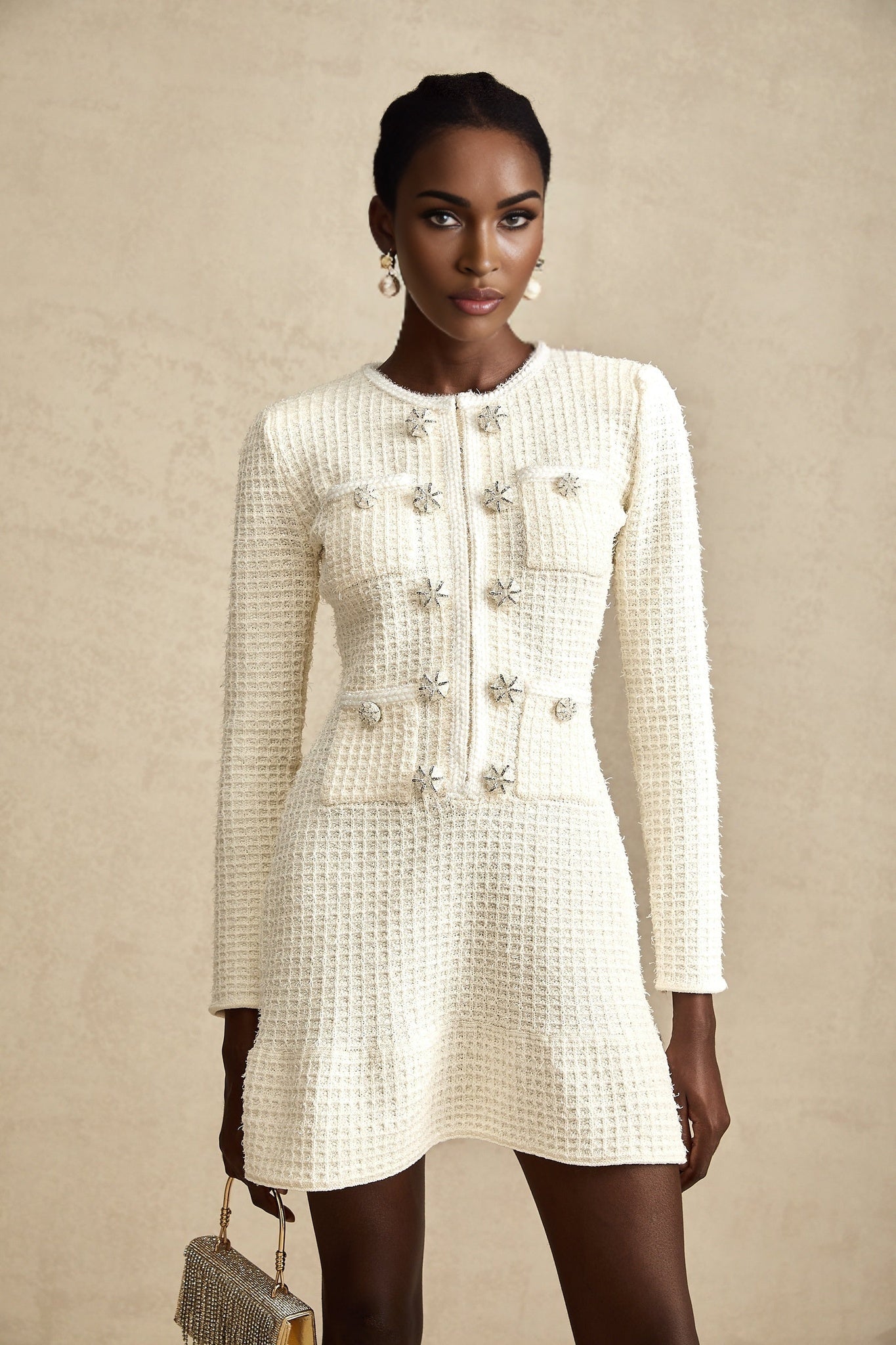 Addison Mini Dress - Textured Finish - Sequin Detailing - Knitted Construction - Flared Hem - Decorative Button Detailing