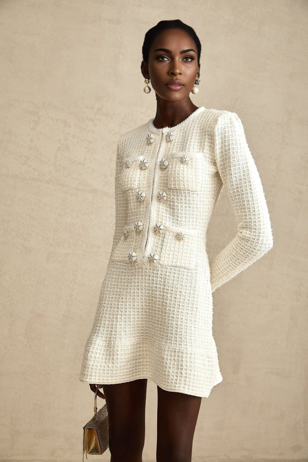 Addison Mini Dress - Textured Finish - Sequin Detailing - Knitted Construction - Flared Hem - Decorative Button Detailing