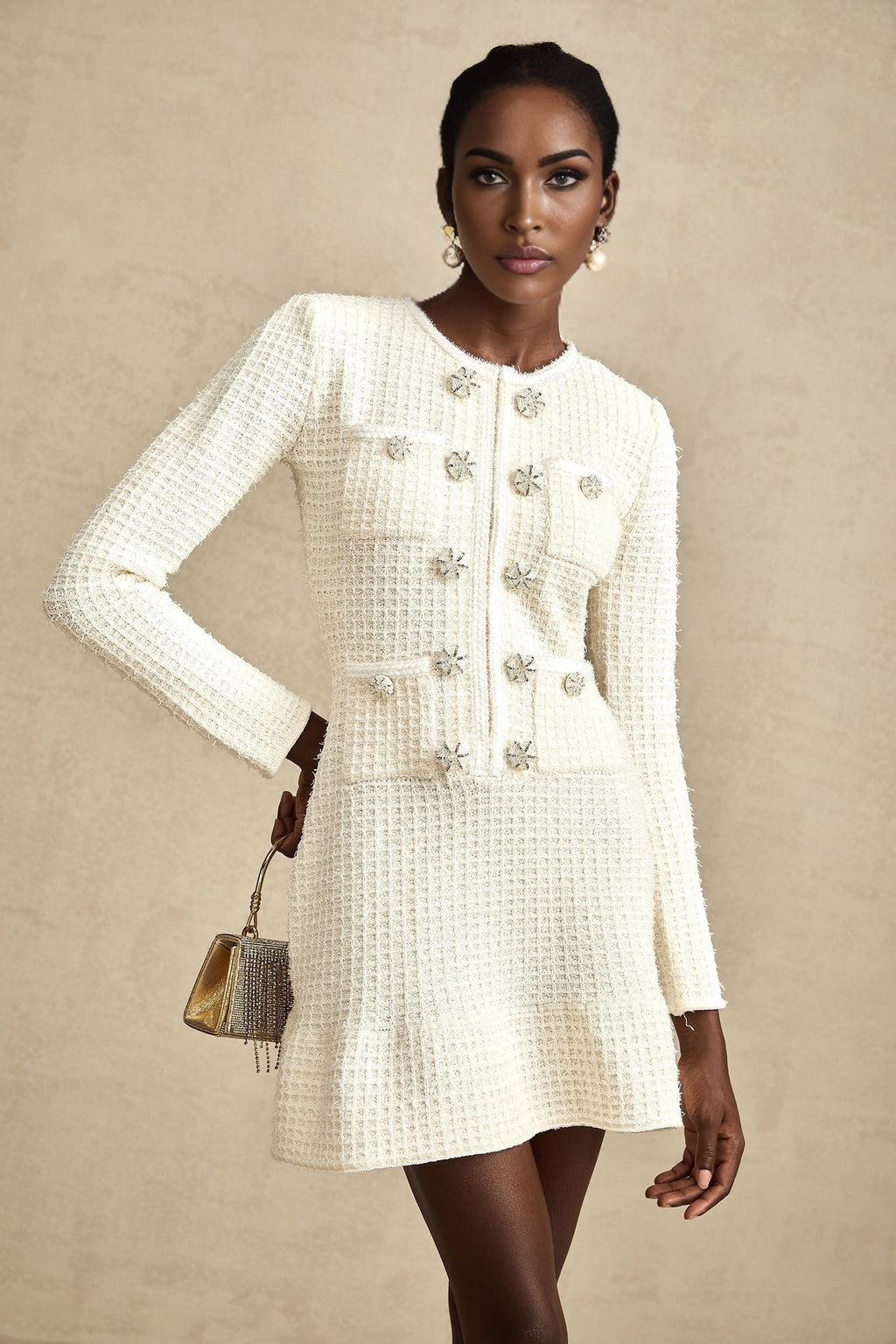 Addison Mini Dress - Textured Finish - Sequin Detailing - Knitted Construction - Flared Hem - Decorative Button Detailing