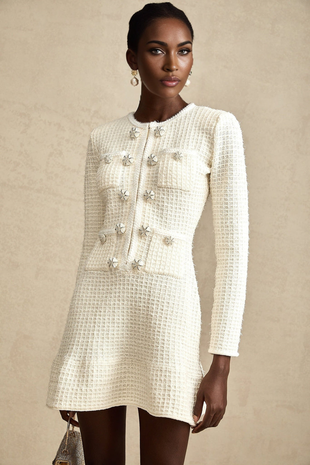 Addison Mini Dress - Textured Finish - Sequin Detailing - Knitted Construction - Flared Hem - Decorative Button Detailing