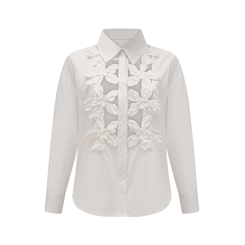 Adelaide Shirt - Lapel - Long Sleeves - 3D - Floral Embellishment - Cut - Out Design