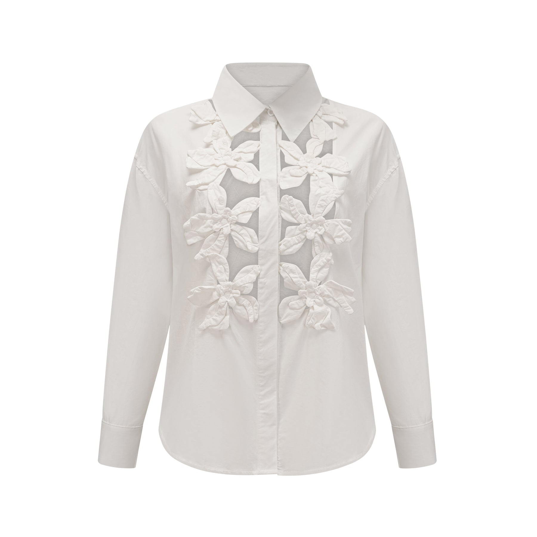 Adelaide Shirt - Lapel - Long Sleeves - 3D - Floral Embellishment - Cut - Out Design