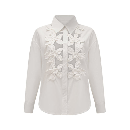 Adelaide Shirt - Lapel - Long Sleeves - 3D - Floral Embellishment - Cut - Out Design