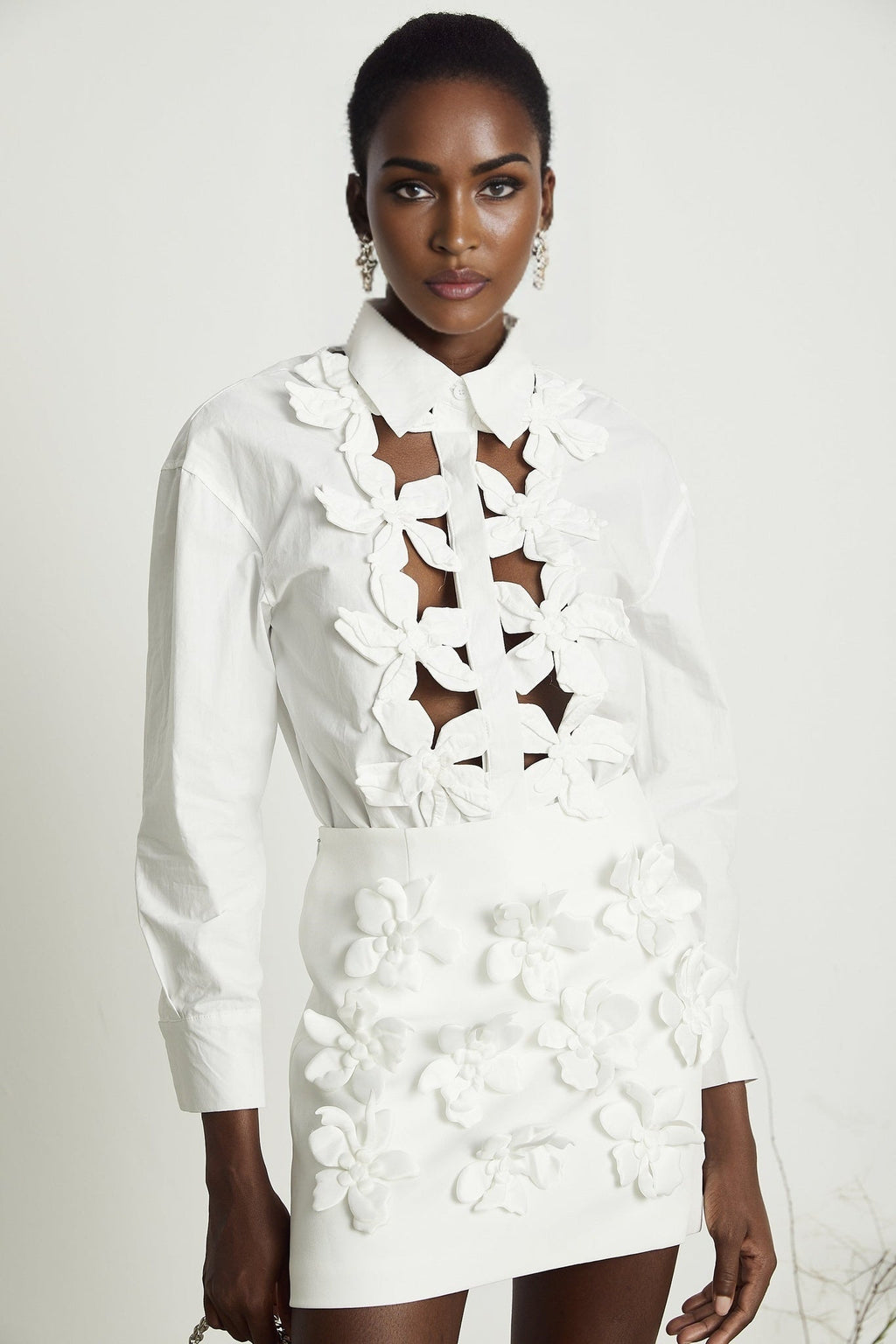Adelaide Shirt - Lapel - Long Sleeves - 3D - Floral Embellishment - Cut - Out Design