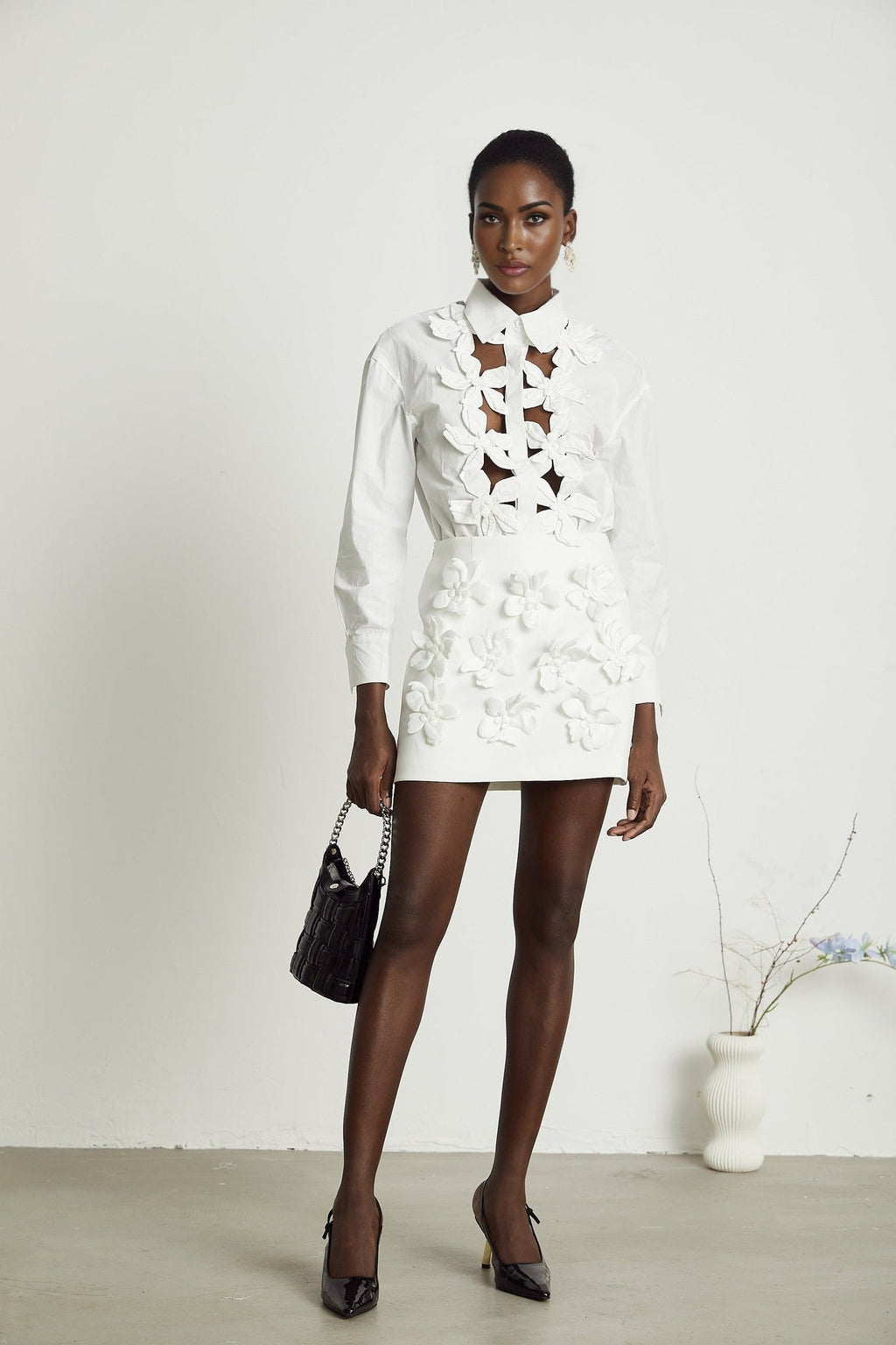 Adelaide Shirt - Lapel - Long Sleeves - 3D - Floral Embellishment - Cut - Out Design