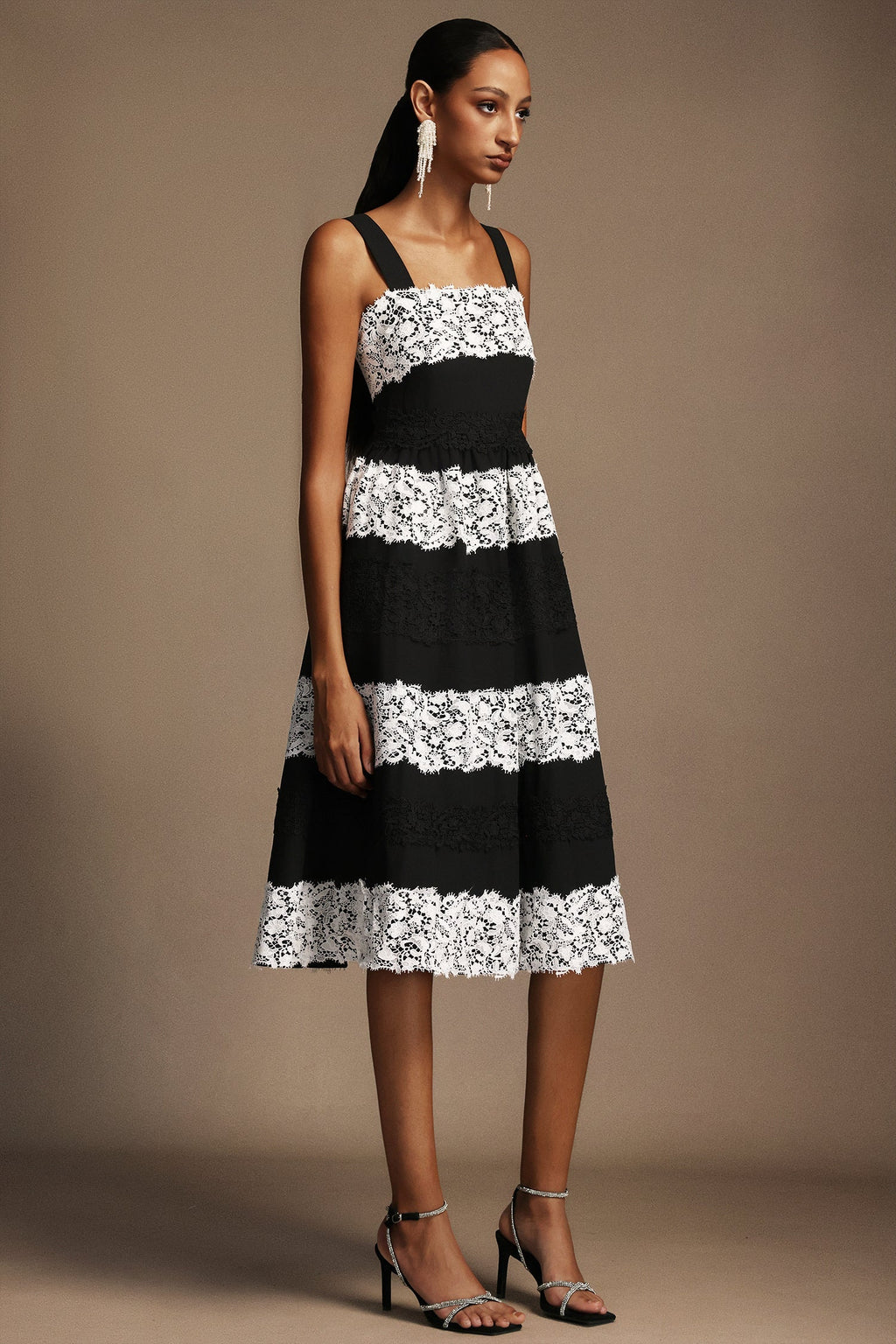 Adele Black Lace Sleeveless Dress with Structured Neckline and Contrasting Bands for Formal Occasions and Chic Gatherings