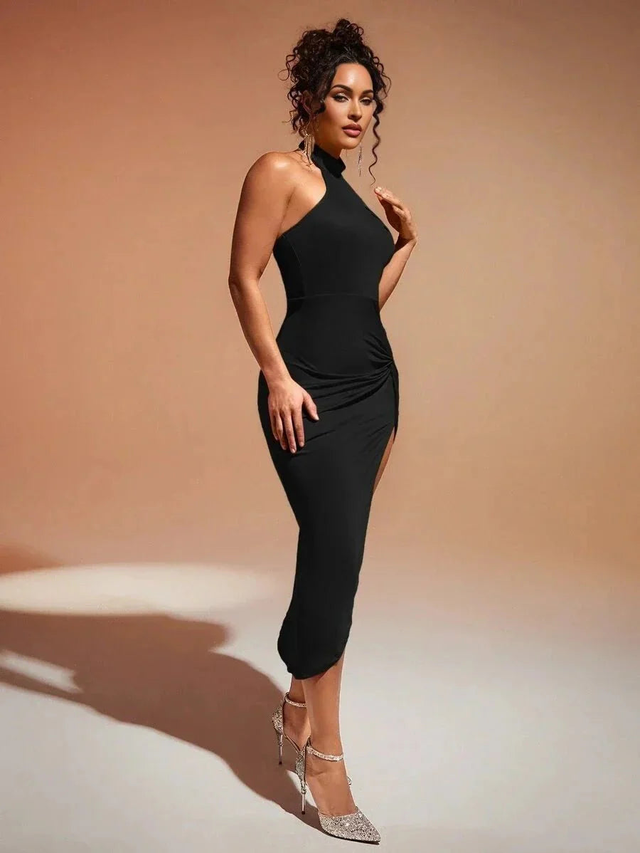 Adele Midi Dress - Halter Neckline - Backless Twist - High Waist - Bodycon Fit