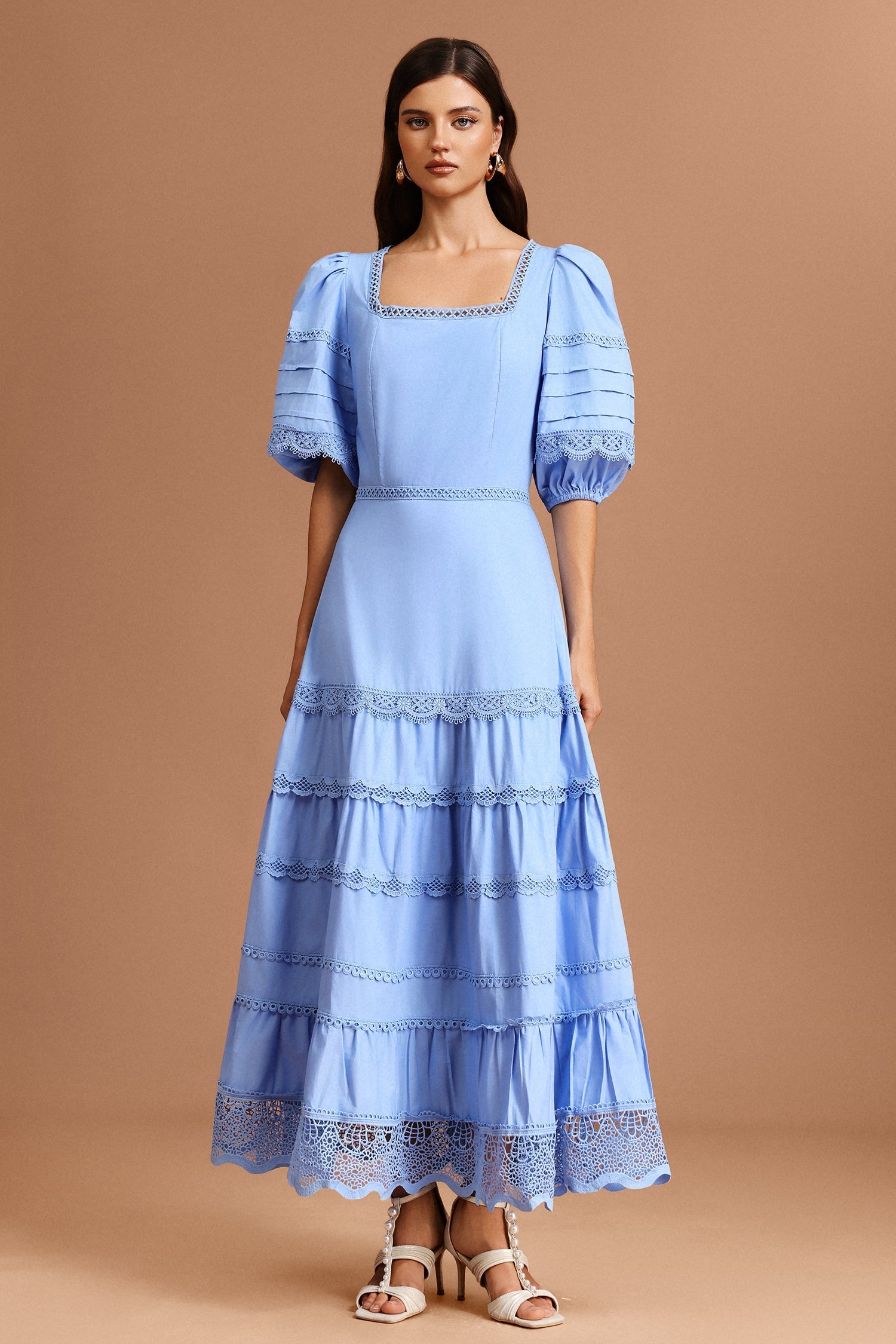Adelina Blue Lace Maxi Dress Square Collar Puff Sleeves Tiered Hem