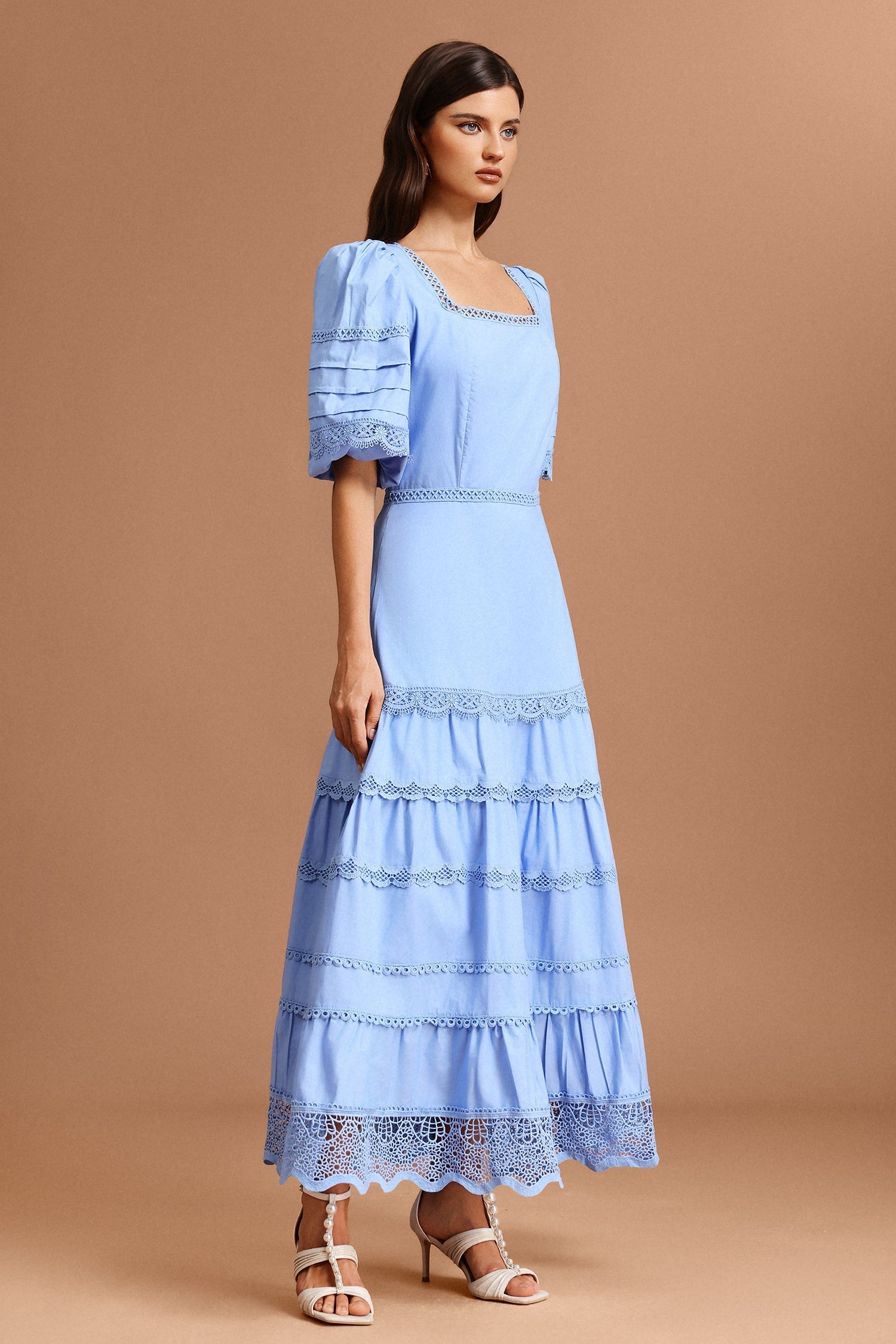 Adelina Blue Lace Maxi Dress Square Collar Puff Sleeves Tiered Hem