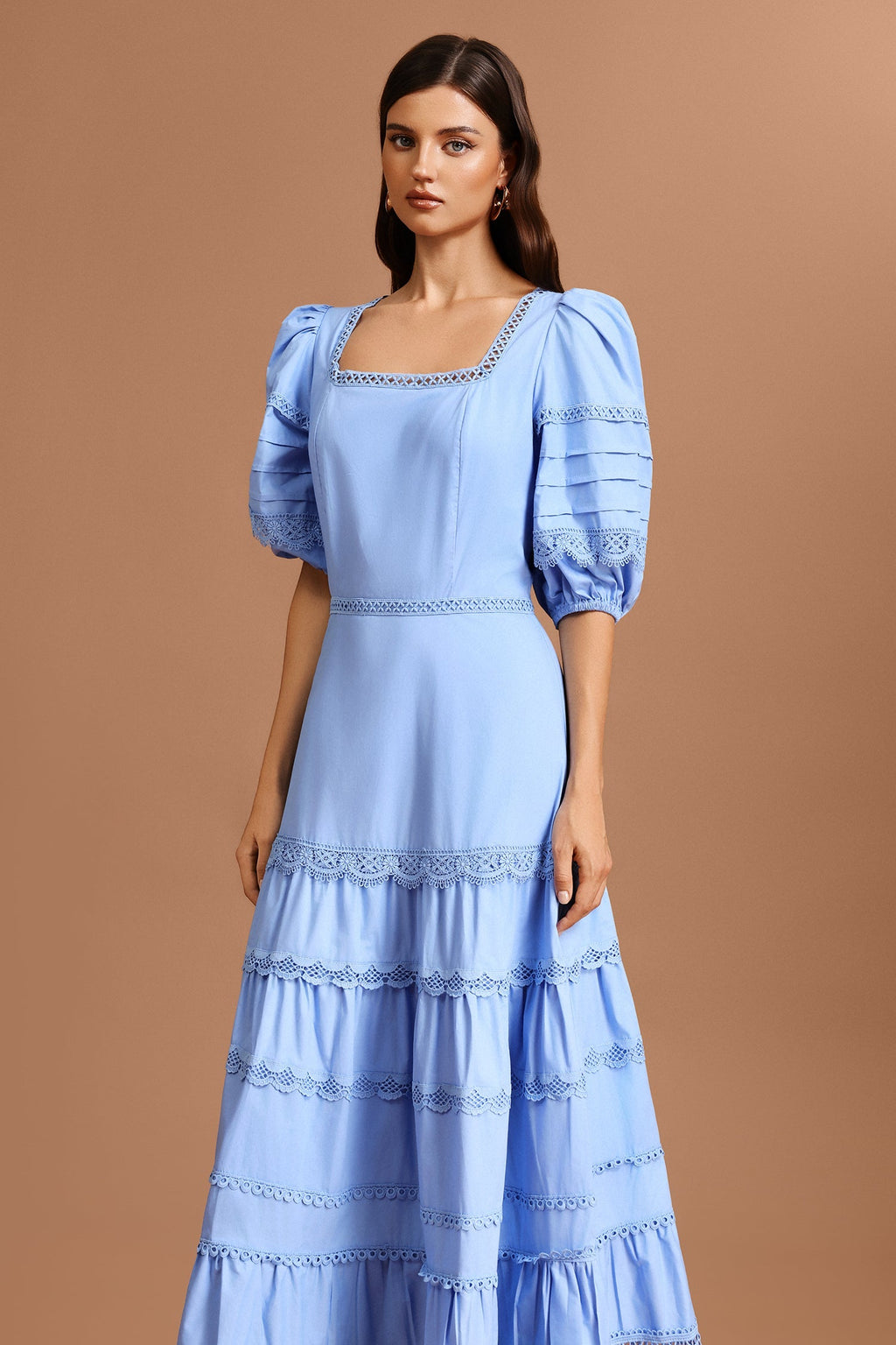 Adelina Blue Lace Maxi Dress Square Collar Puff Sleeves Tiered Hem Garden Party Wedding Lightweight Fabric Elegant