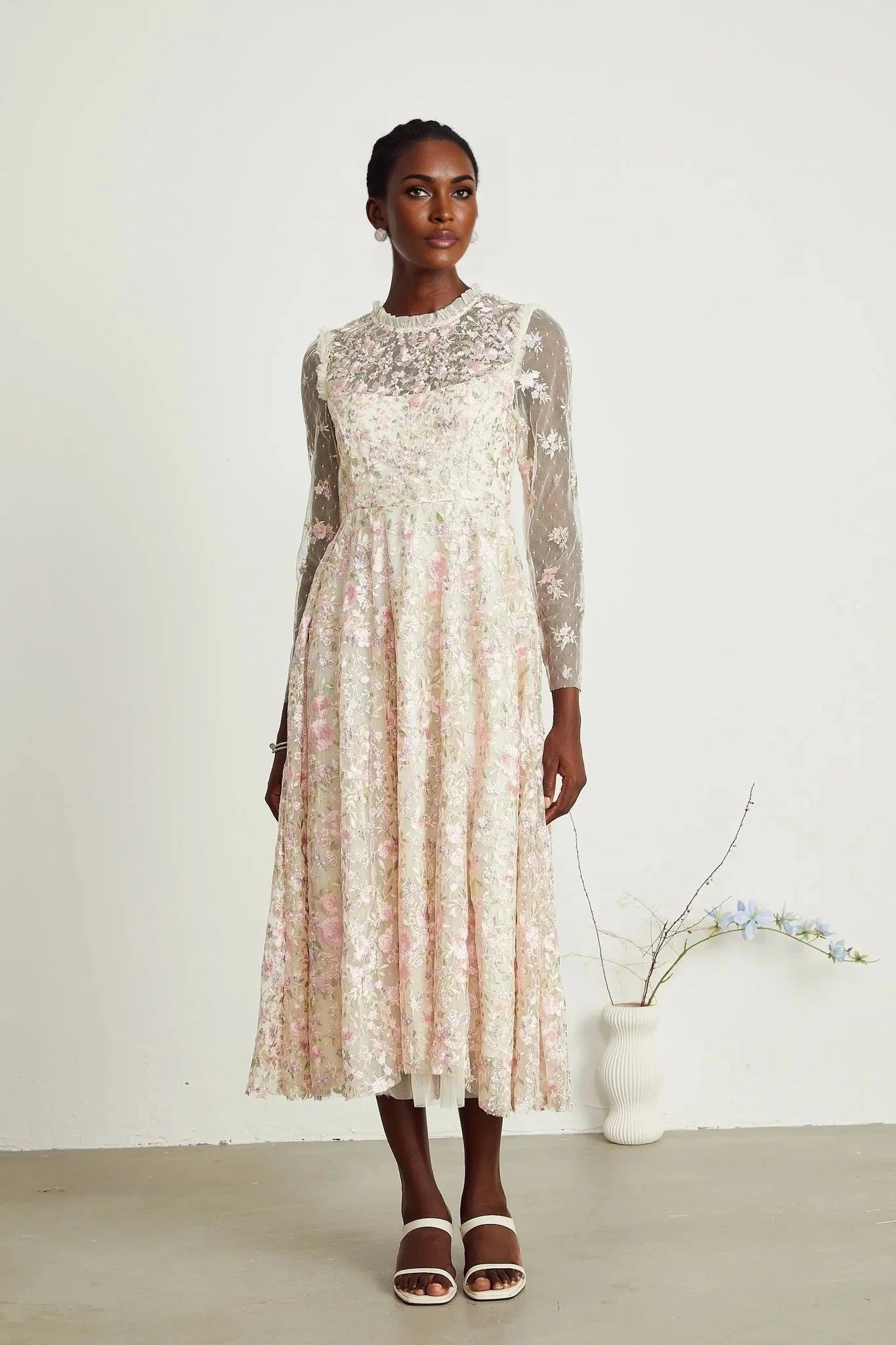Adelina Floral Midi Dress - Round Neck - Long Sleeves - Pleated Tulle Design - Floral Embroidery Detail