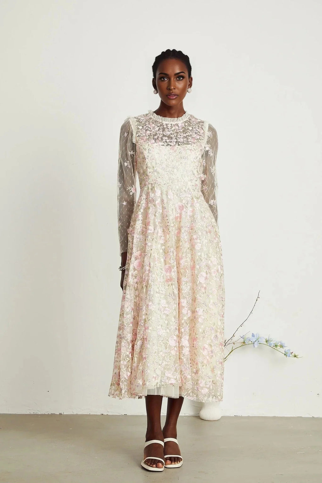 Adelina Floral Midi Dress - Round Neck - Long Sleeves - Pleated Tulle Design - Floral Embroidery Detail