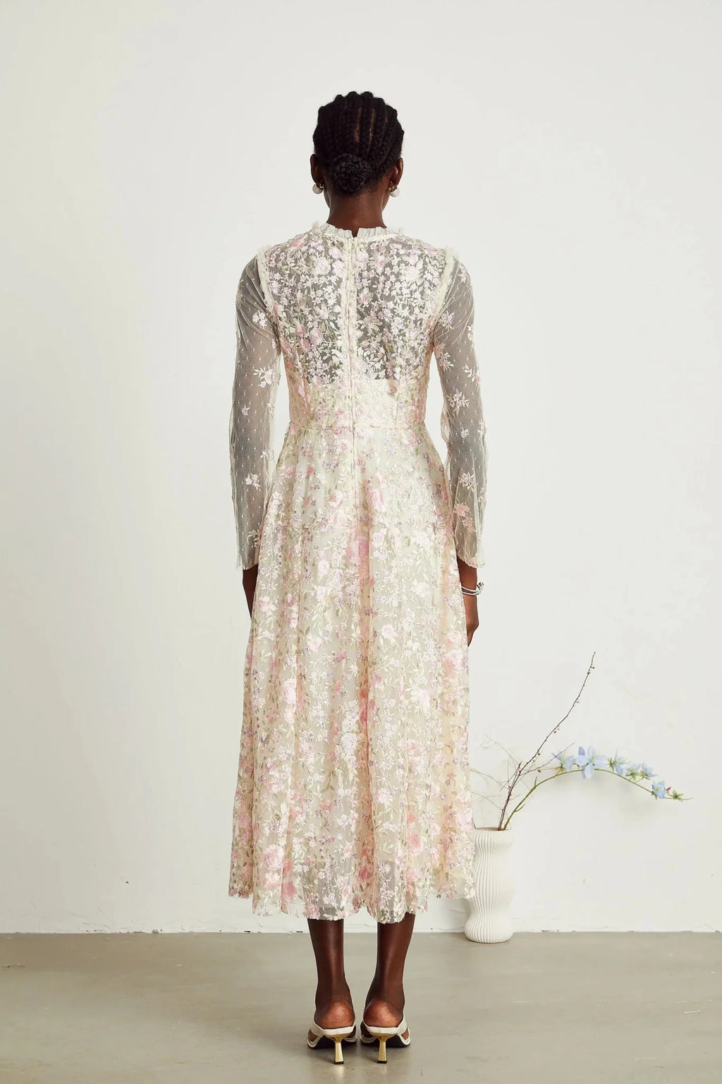 Adelina Floral Midi Dress - Round Neck - Long Sleeves - Pleated Tulle Design - Floral Embroidery Detail