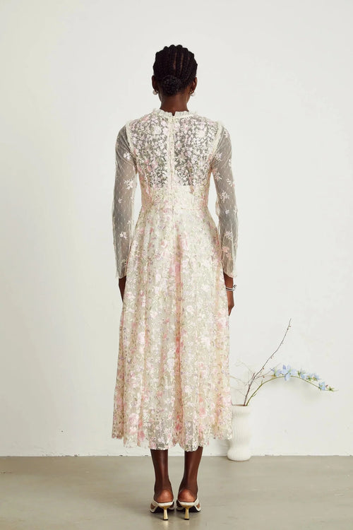 Adelina Floral Midi Dress - Round Neck - Long Sleeves - Pleated Tulle Design - Floral Embroidery Detail