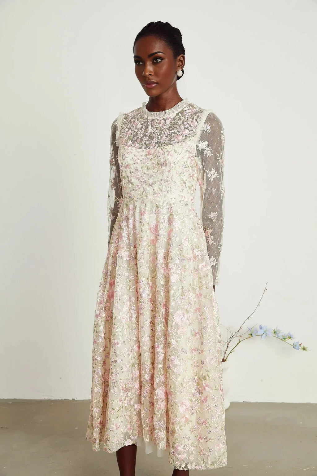 Adelina Floral Midi Dress - Round Neck - Long Sleeves - Pleated Tulle Design - Floral Embroidery Detail