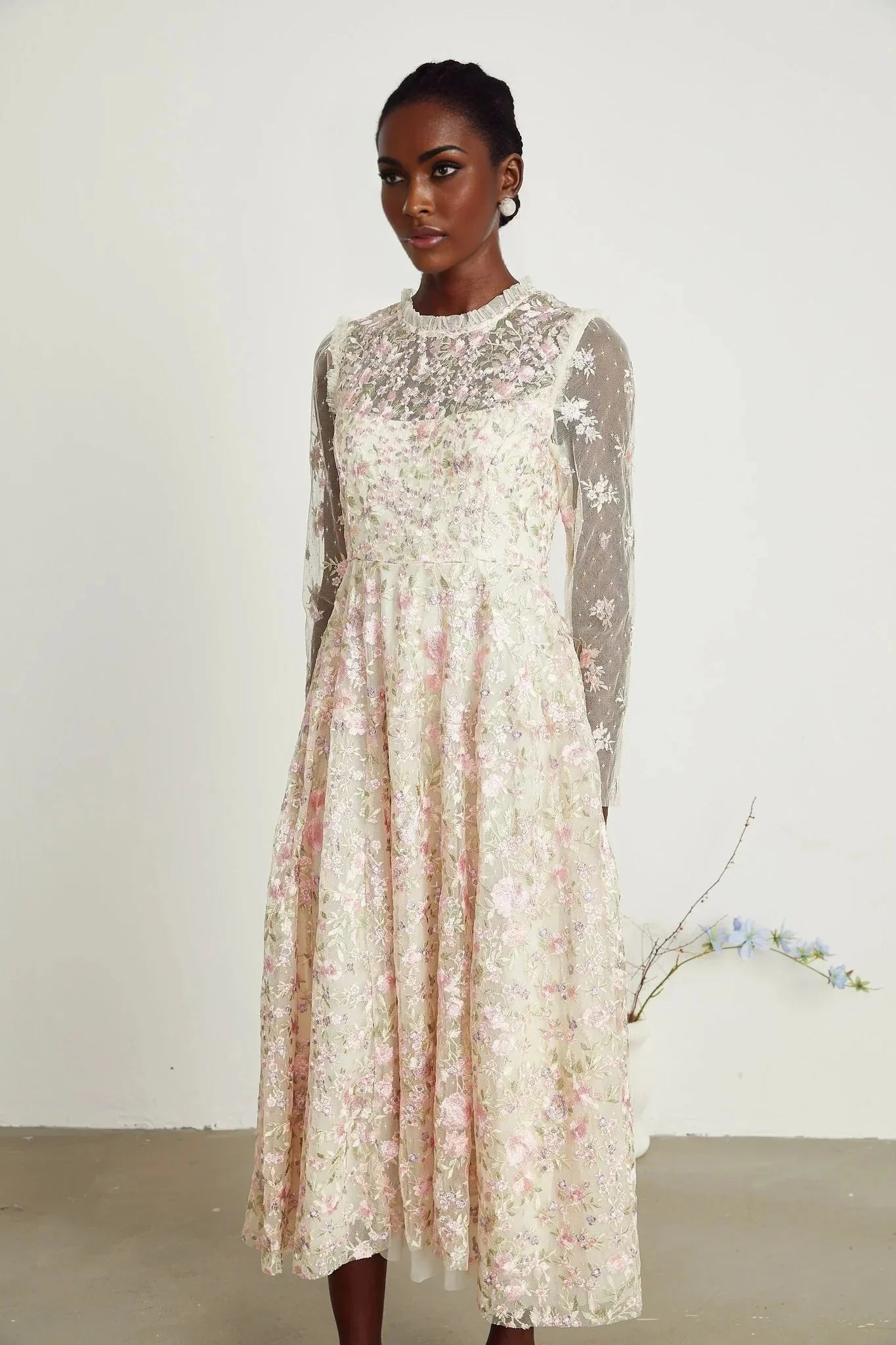 Adelina Floral Midi Dress - Round Neck - Long Sleeves - Pleated Tulle Design - Floral Embroidery Detail