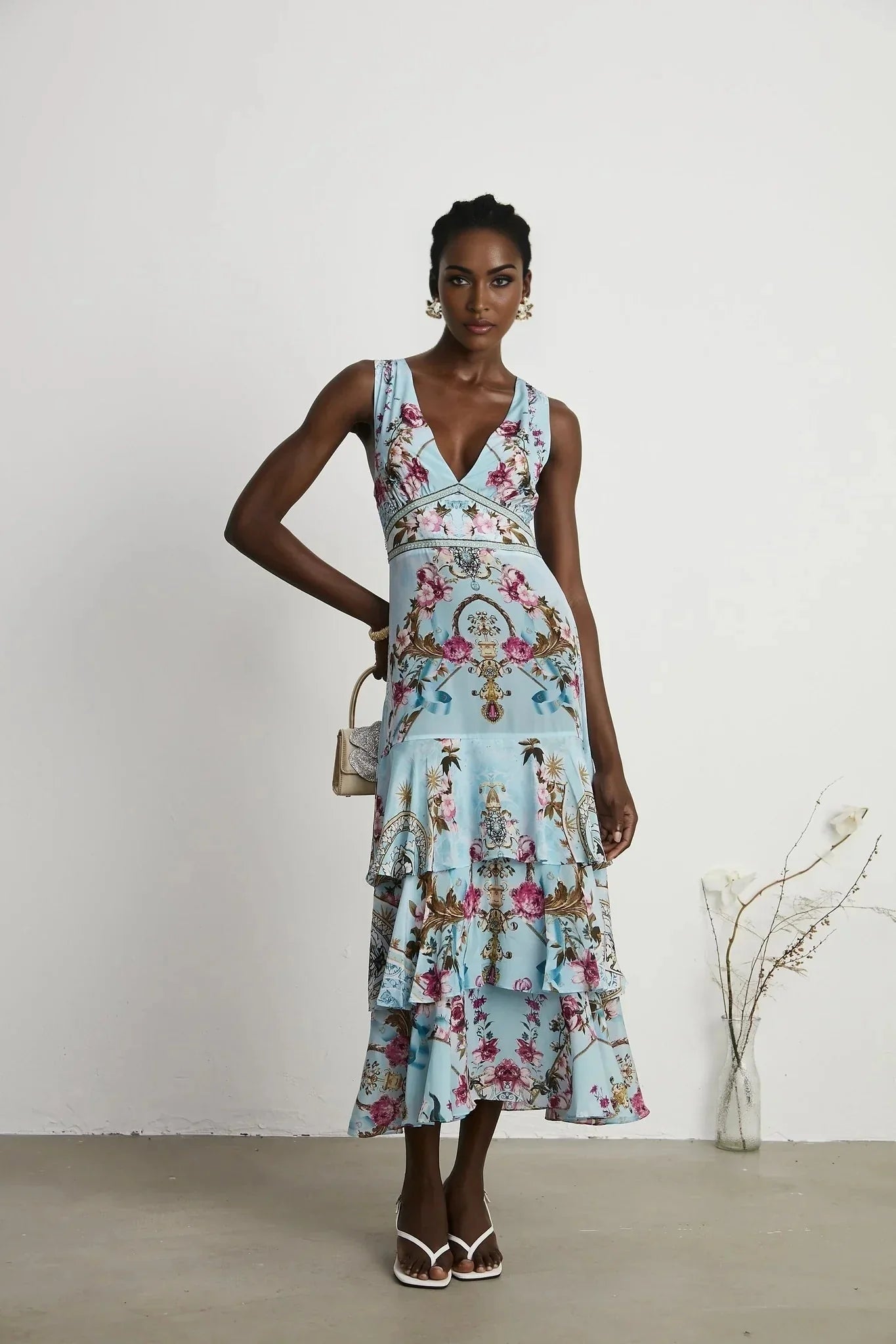 Adelina Floral Midi Dress - Sleeveless - Deep V - Neck - Open - Back - Crystal Embellishment