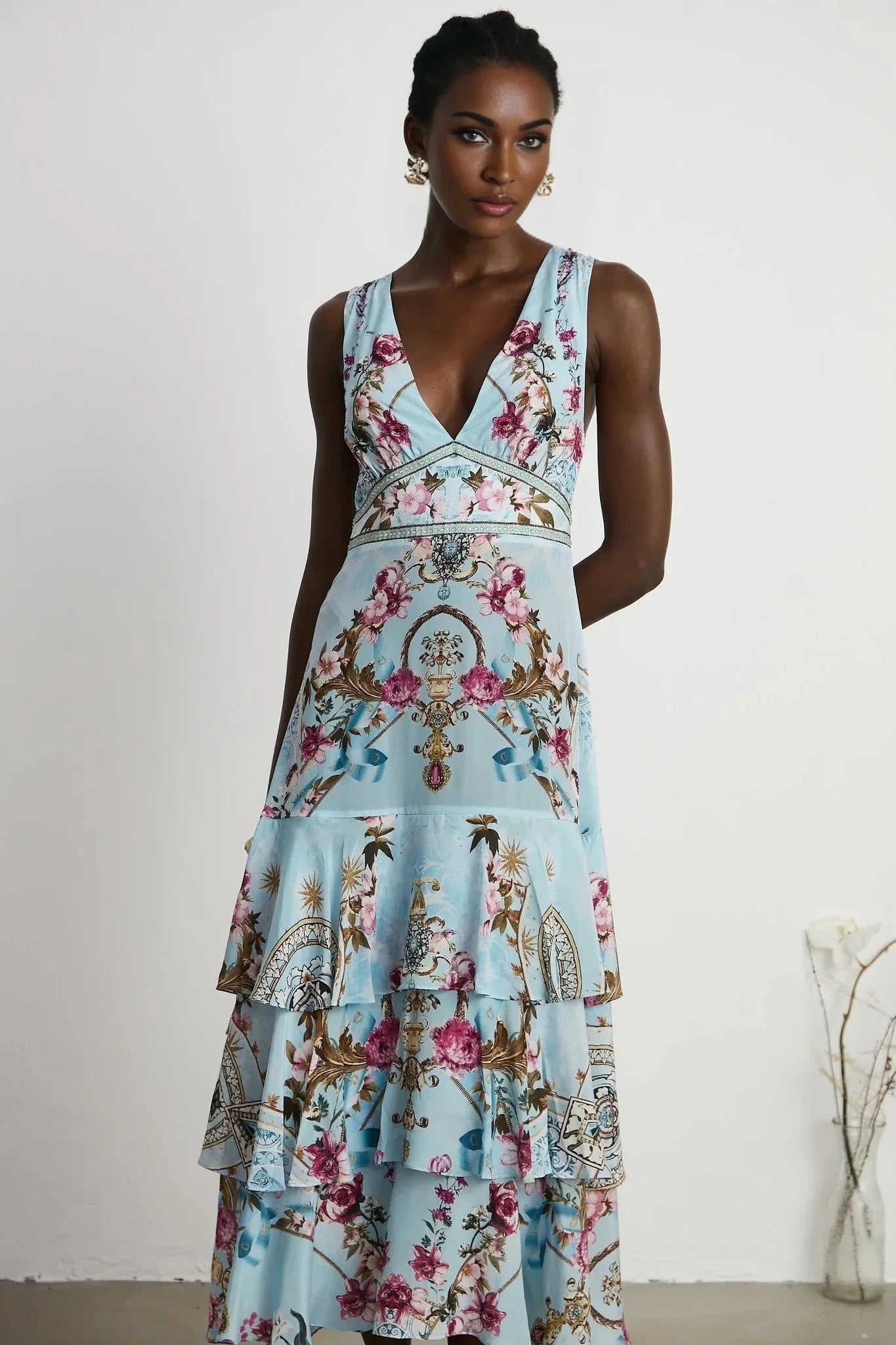 Adelina Floral Midi Dress - Sleeveless - Deep V - Neck - Open - Back - Crystal Embellishment