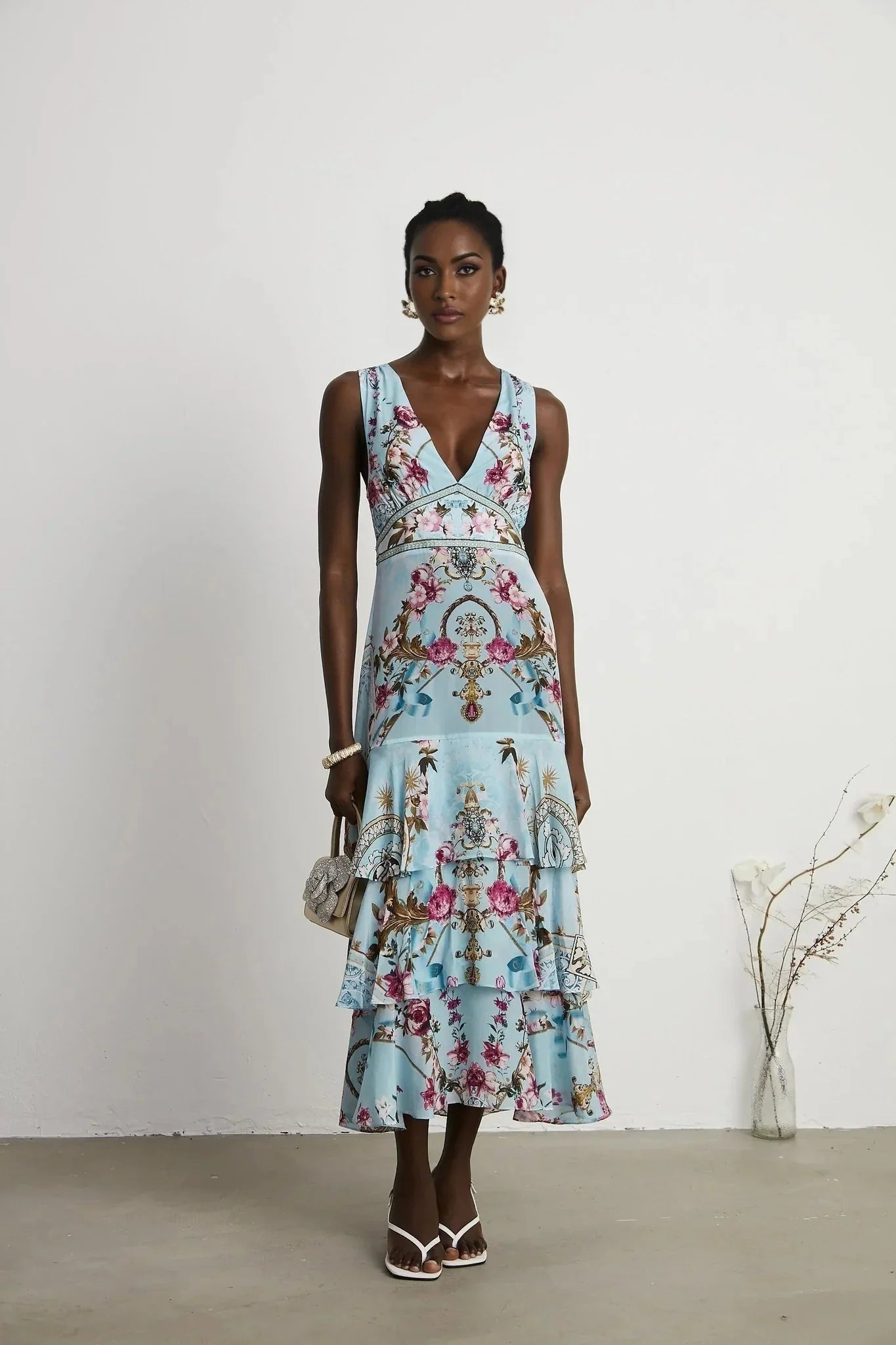 Adelina Floral Midi Dress - Sleeveless - Deep V - Neck - Open - Back - Crystal Embellishment