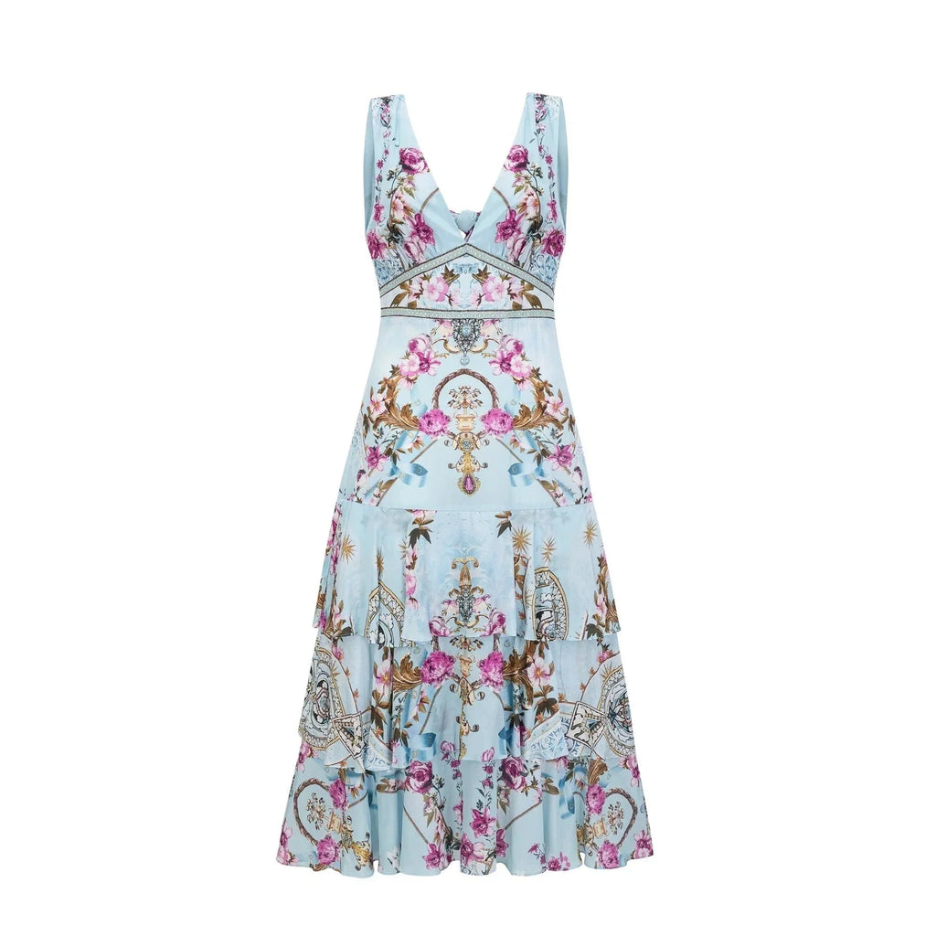 Adelina Floral Midi Dress - Sleeveless - Deep V - Neck - Open - Back - Crystal Embellishment