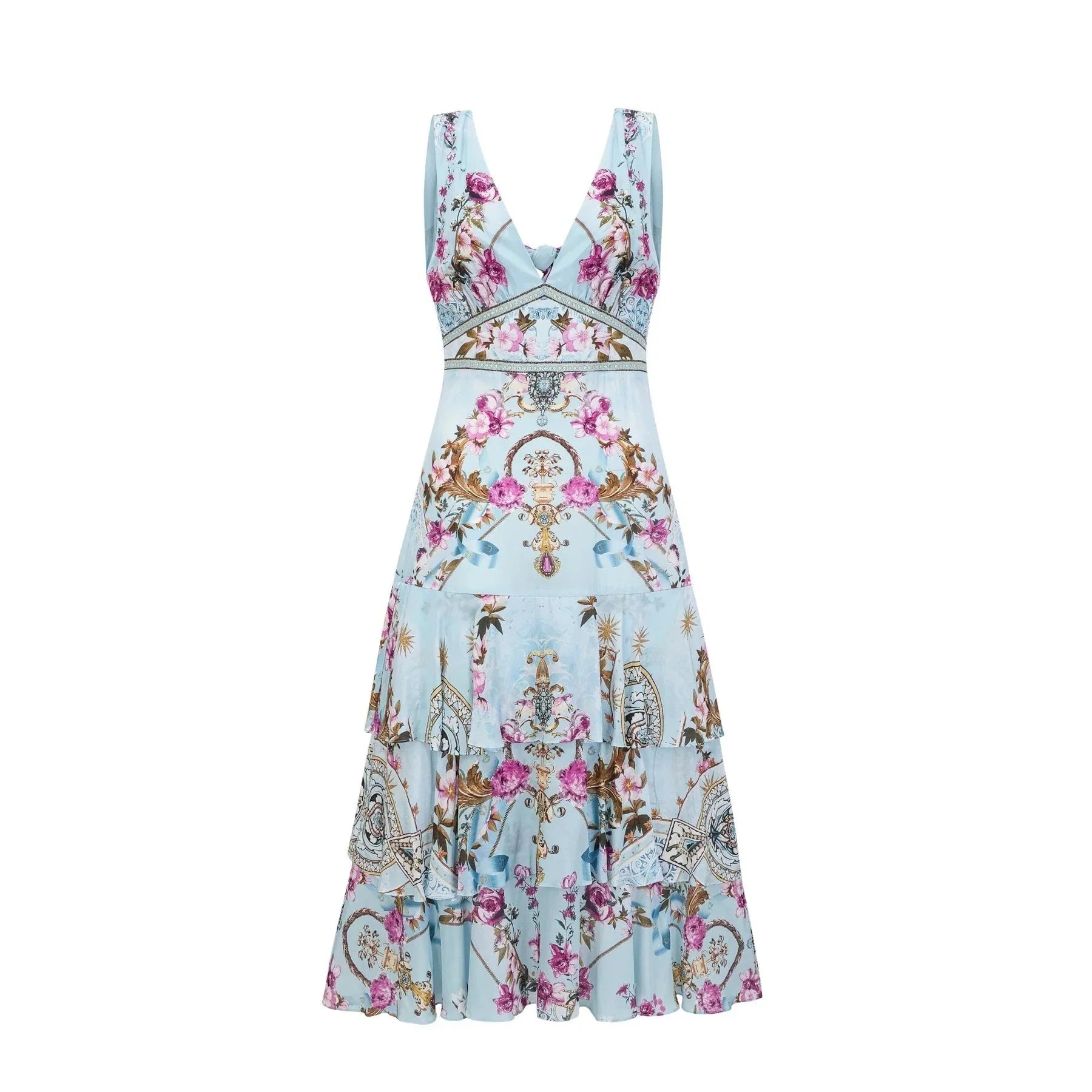 Adelina Floral Midi Dress - Sleeveless - Deep V - Neck - Open - Back - Crystal Embellishment