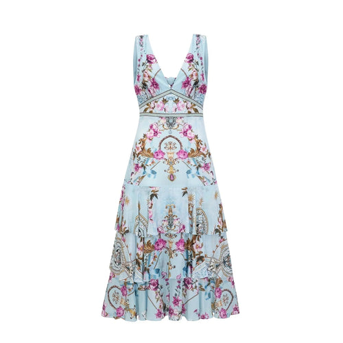 Adelina Floral Midi Dress - Sleeveless - Deep V - Neck - Open - Back - Crystal Embellishment