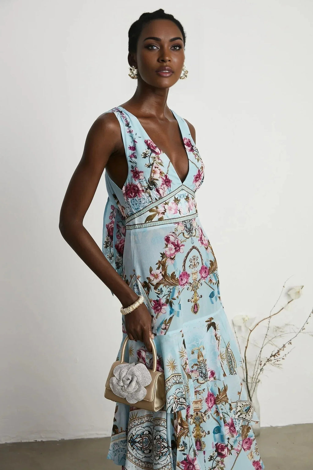 Adelina Floral Midi Dress - Sleeveless - Deep V - Neck - Open - Back - Crystal Embellishment