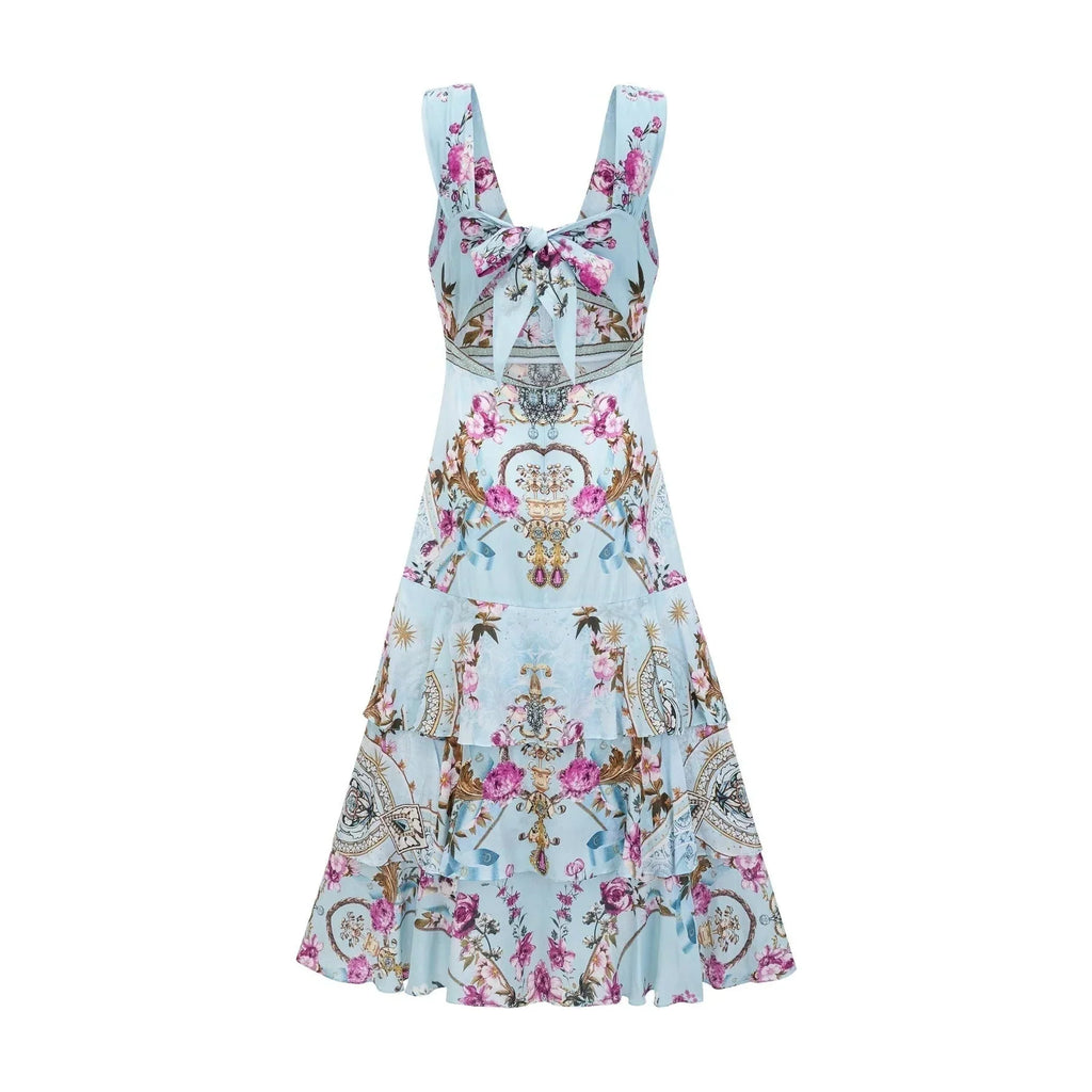 Adelina Floral Midi Dress - Sleeveless - Deep V - Neck - Open - Back - Crystal Embellishment