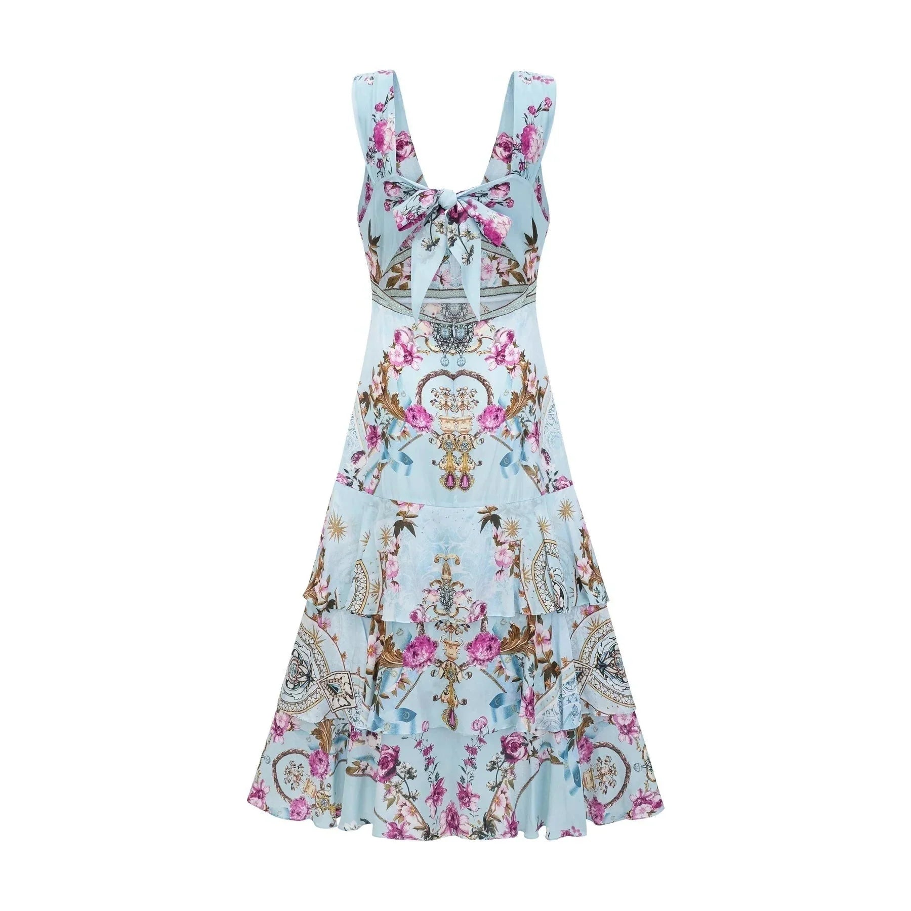 Adelina Floral Midi Dress - Sleeveless - Deep V - Neck - Open - Back - Crystal Embellishment