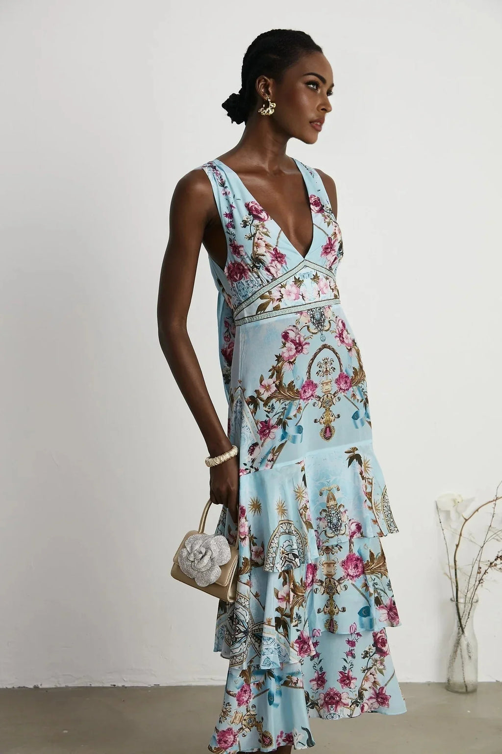 Adelina Floral Midi Dress - Sleeveless - Deep V - Neck - Open - Back - Crystal Embellishment