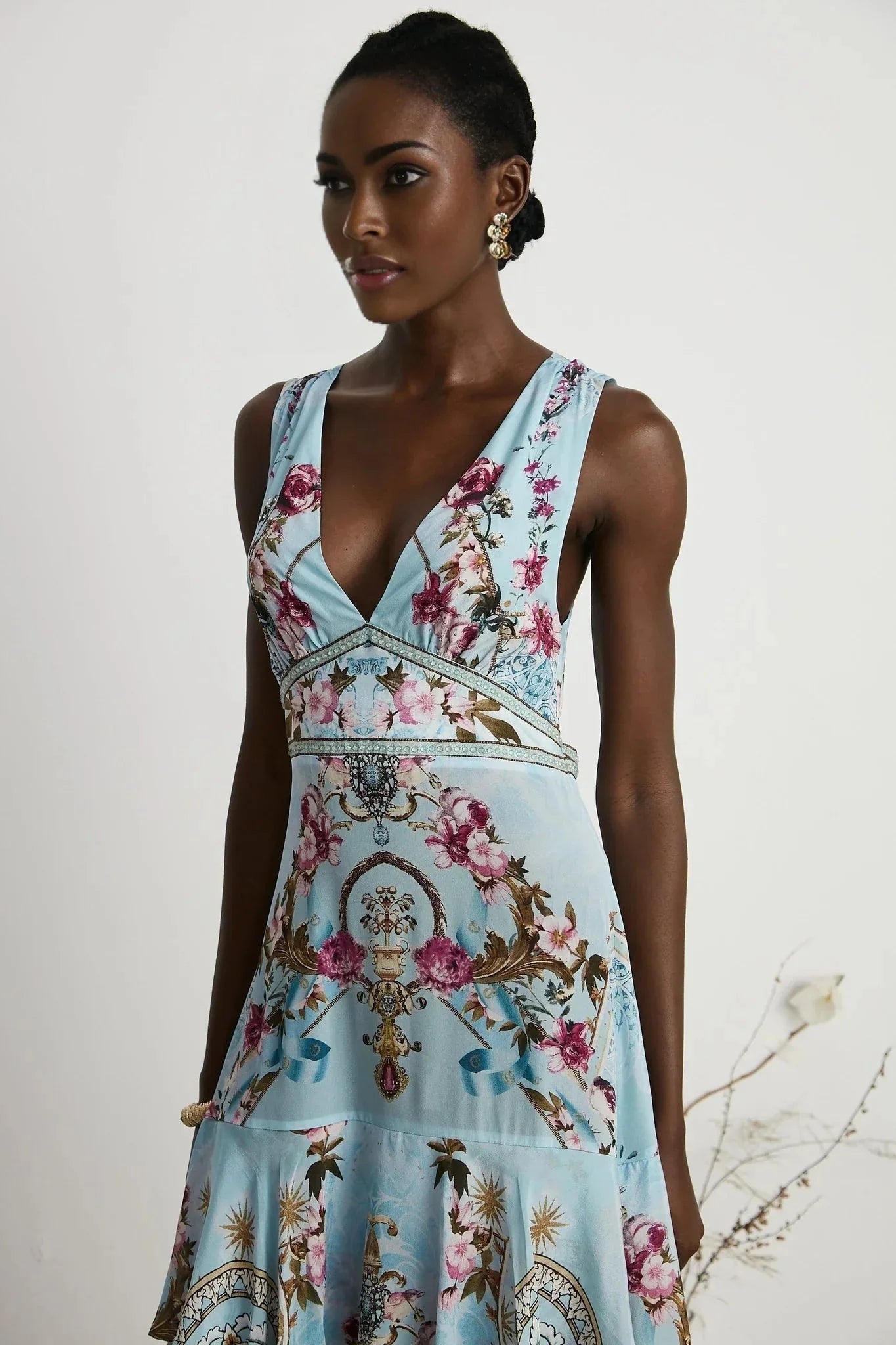 Adelina Floral Midi Dress - Sleeveless - Deep V - Neck - Open - Back - Crystal Embellishment