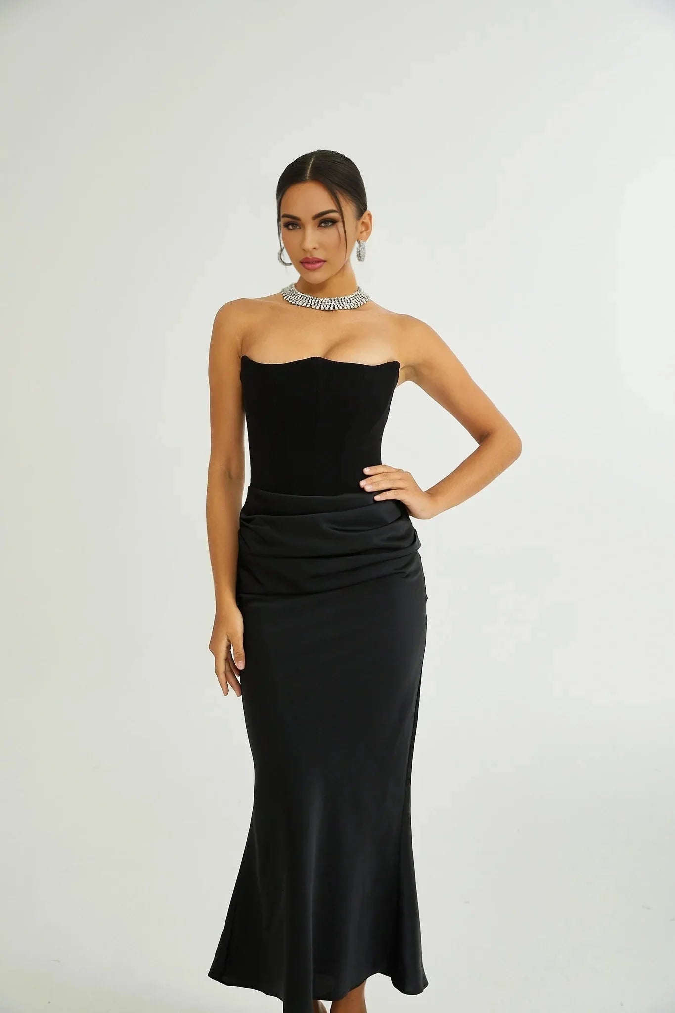 Adelina Maxi Dress - Off the Shoulder - Pleated Design - Flared Hem - Rear Zip Fastening - Elegant Length