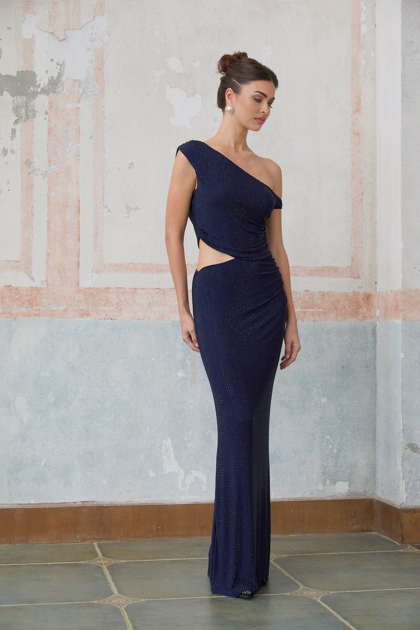 Adelina Maxi Dress - One - Shoulder Design - Sleeveless with Ruching - Cut - Out detailing - Rhinestone Embellishments