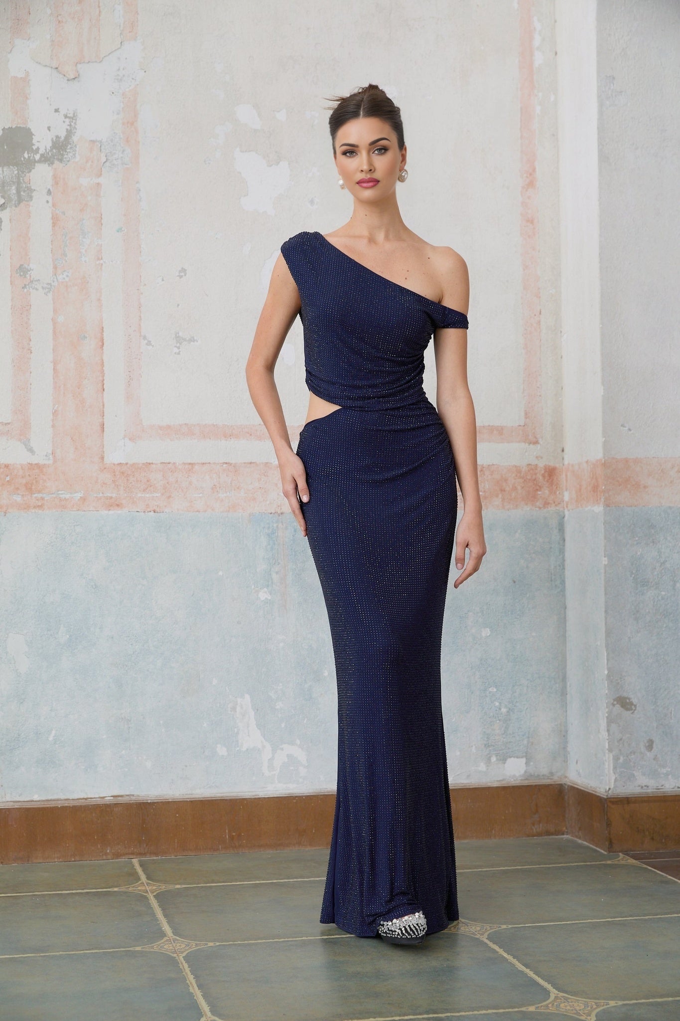 Adelina Maxi Dress - One - Shoulder Design - Sleeveless with Ruching - Cut - Out detailing - Rhinestone Embellishments