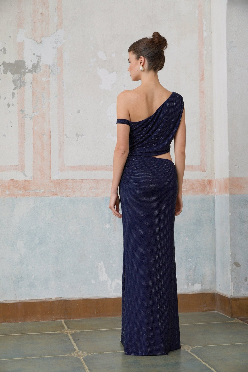 Adelina Maxi Dress - One - Shoulder Design - Sleeveless with Ruching - Cut - Out detailing - Rhinestone Embellishments