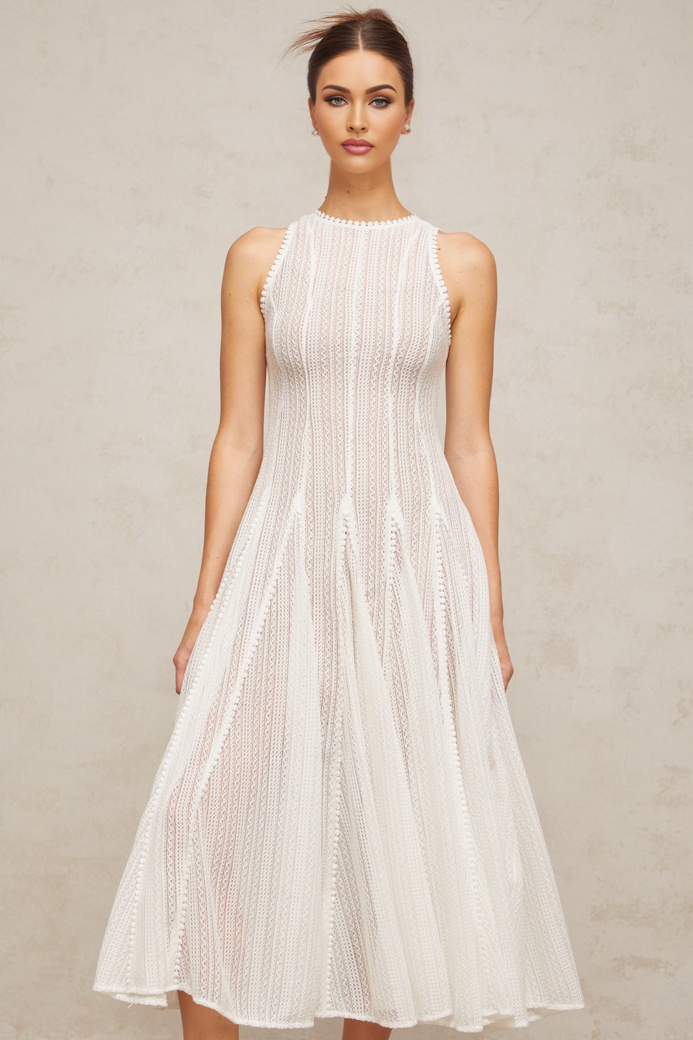 Adelina Midi Dress - Crochet Knit - Puff Skirt - Godet Design - Rear Zip Fastening