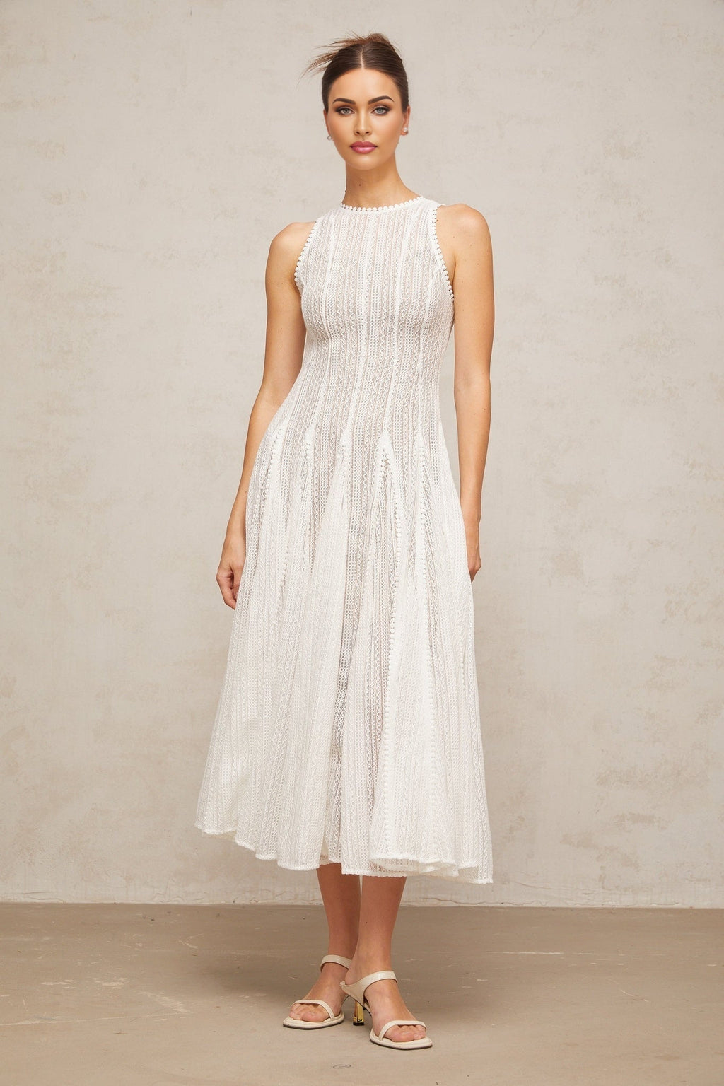 Adelina Midi Dress - Crochet Knit - Puff Skirt - Godet Design - Rear Zip Fastening