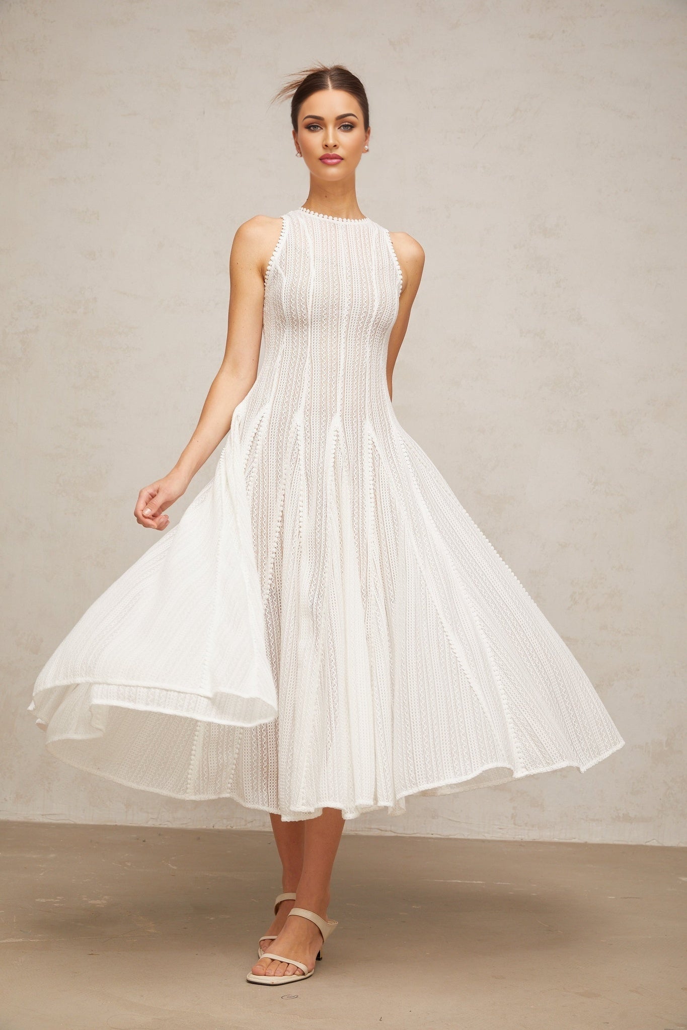 Adelina Midi Dress - Crochet Knit - Puff Skirt - Godet Design - Rear Zip Fastening