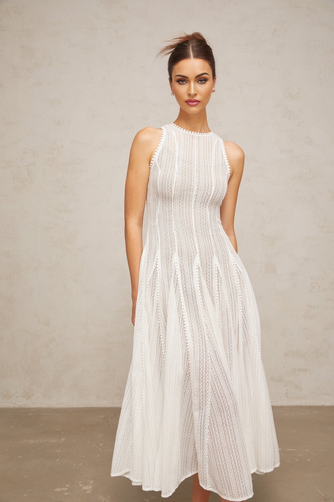 Adelina Midi Dress - Crochet Knit - Puff Skirt - Godet Design - Rear Zip Fastening