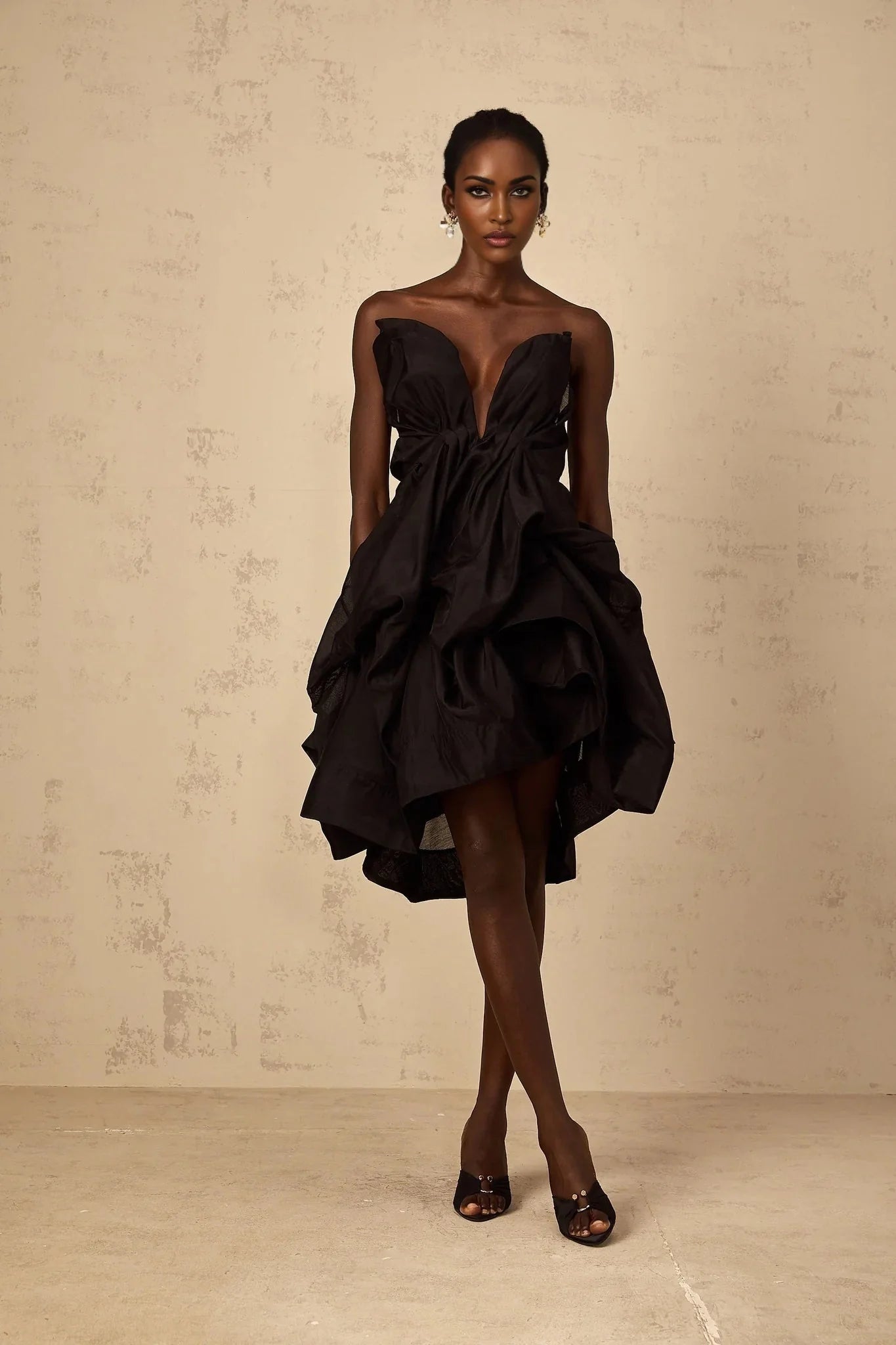 Adelina Mini Dress Black Asymmetrical Ruffle Cocktail