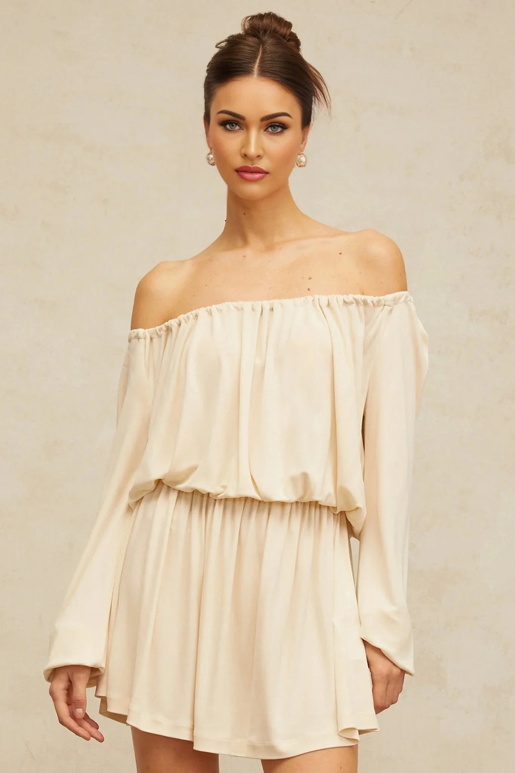 Adelina Mini Dress Neutrals Cold Shoulder & Long Sleeve Trendy Style