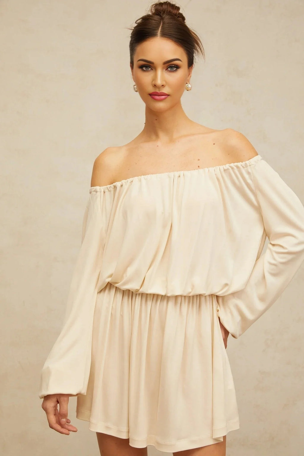 Adelina Mini Dress Neutrals Cold Shoulder & Long Sleeve Trendy Style