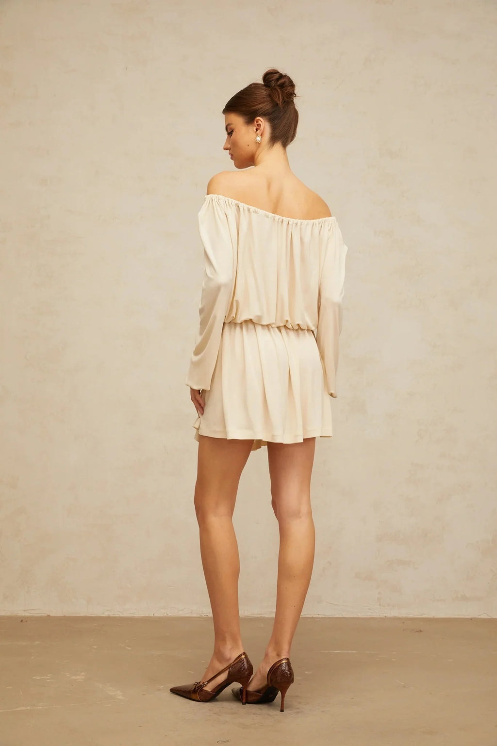 Adelina Mini Dress Neutrals Cold Shoulder & Long Sleeve Trendy Style