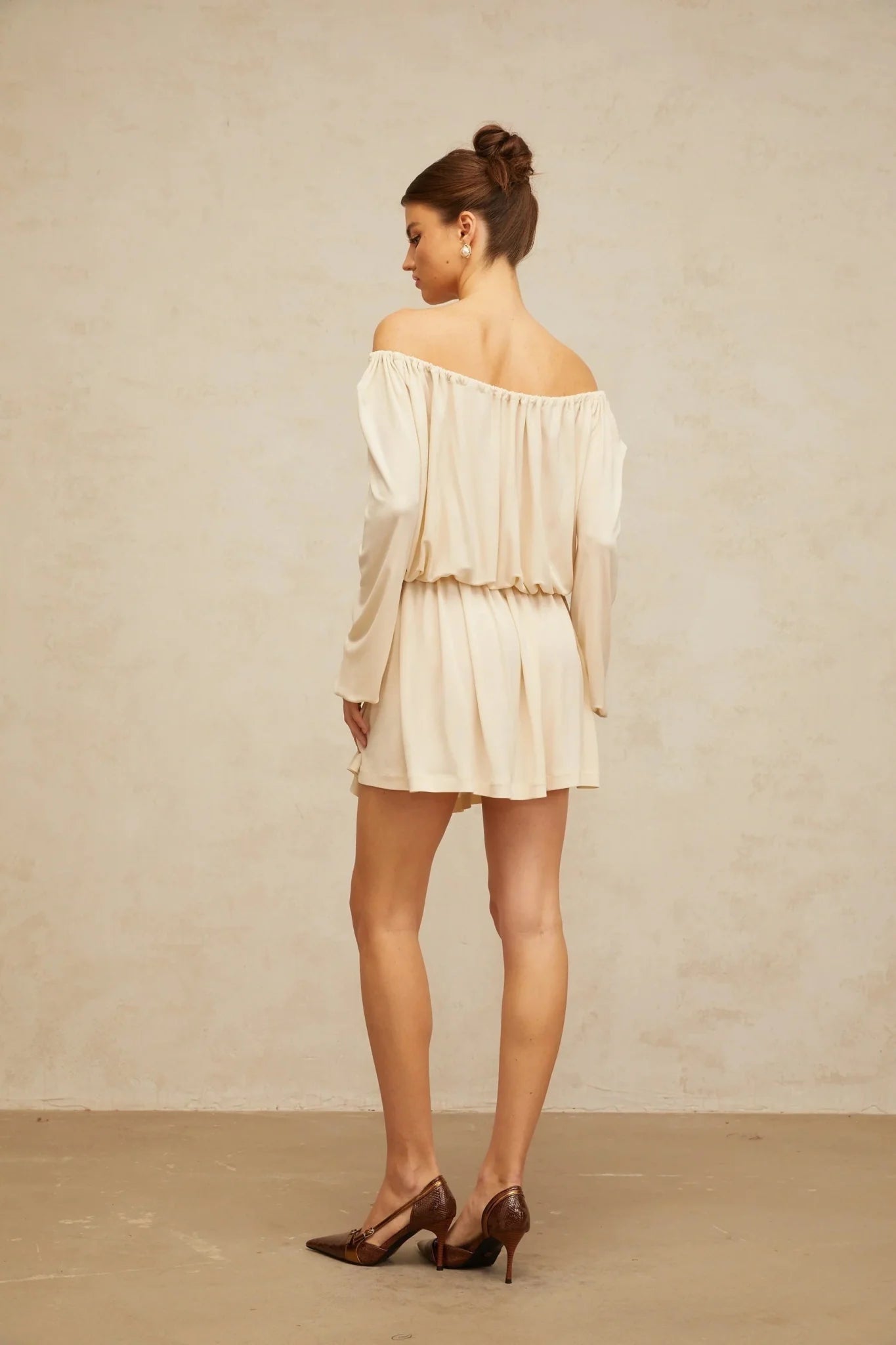 Adelina Mini Dress Neutrals Cold Shoulder & Long Sleeve Trendy Style