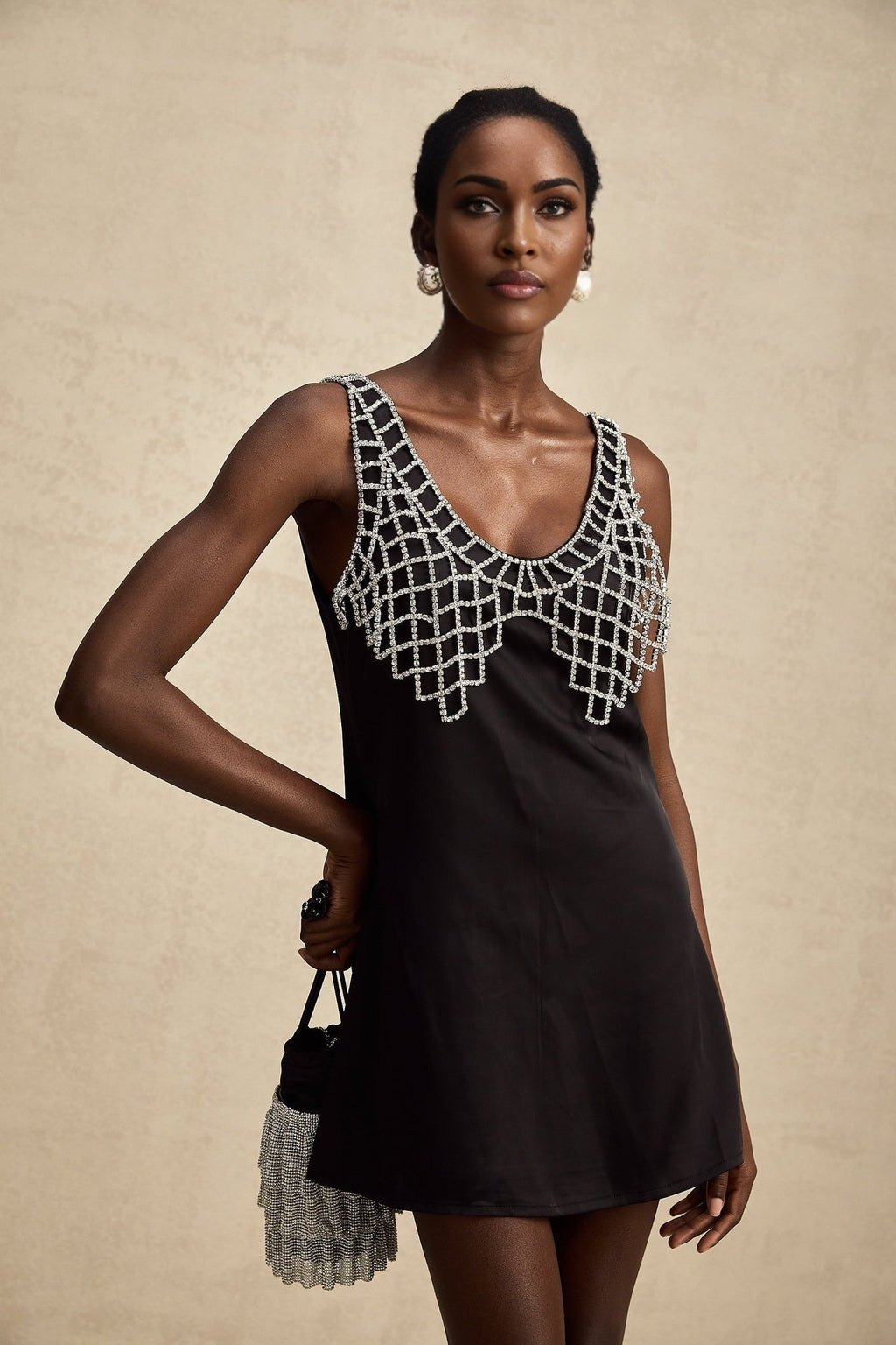 Adelina Mini Dress - Sleeveless V Neck Satin A - line Crystal Embellished