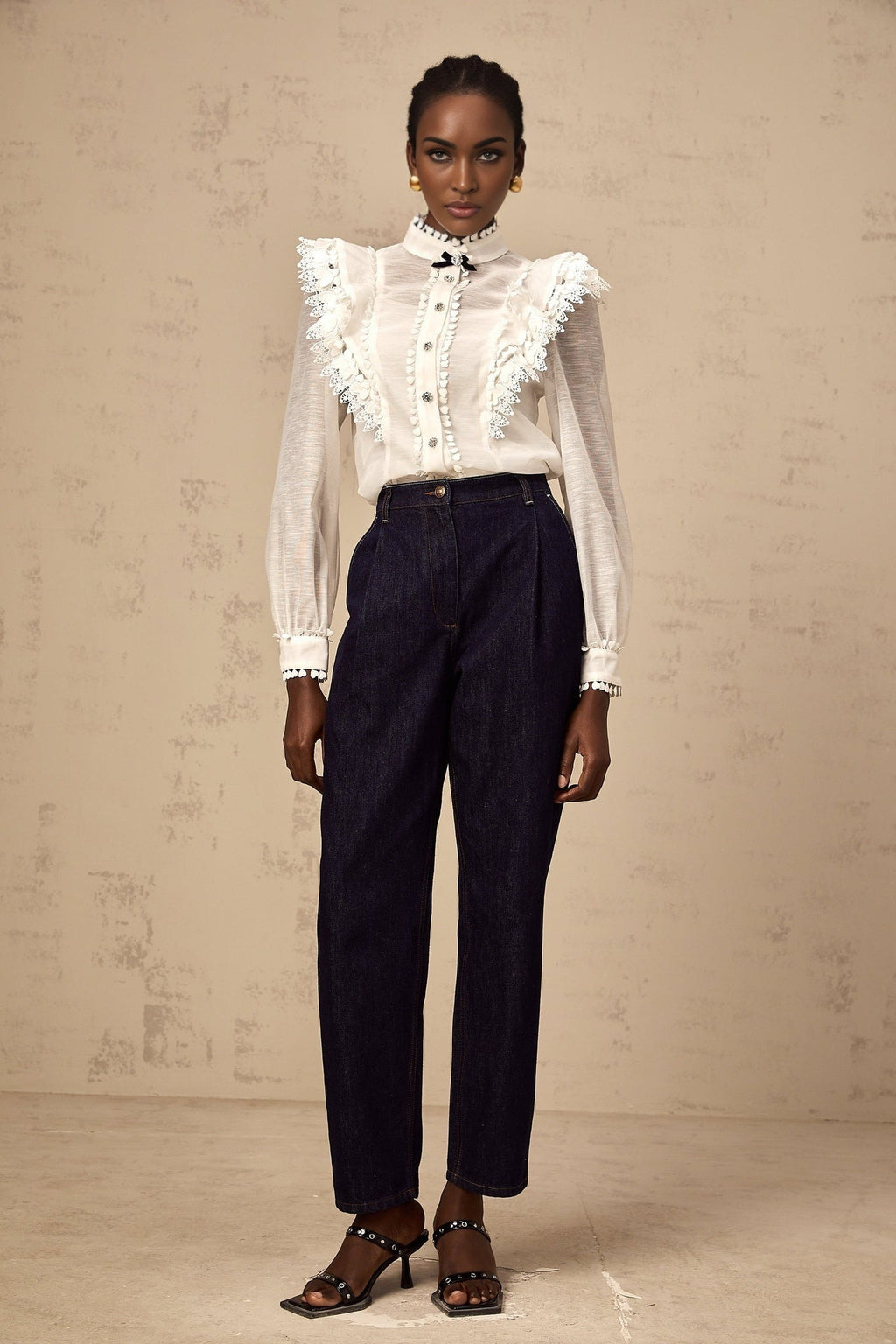 Adelina Shirt - Mock Neck - Long Sleeves - Lace Trim - Ruffled Detailing - Crystal Buttons - Bow Embellishment
