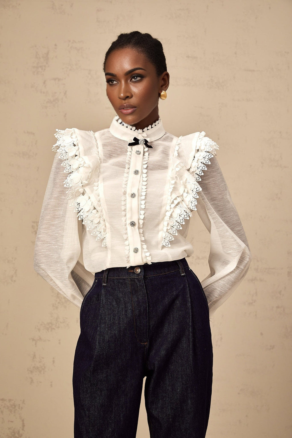 Adelina Shirt - Mock Neck - Long Sleeves - Lace Trim - Ruffled Detailing - Crystal Buttons - Bow Embellishment