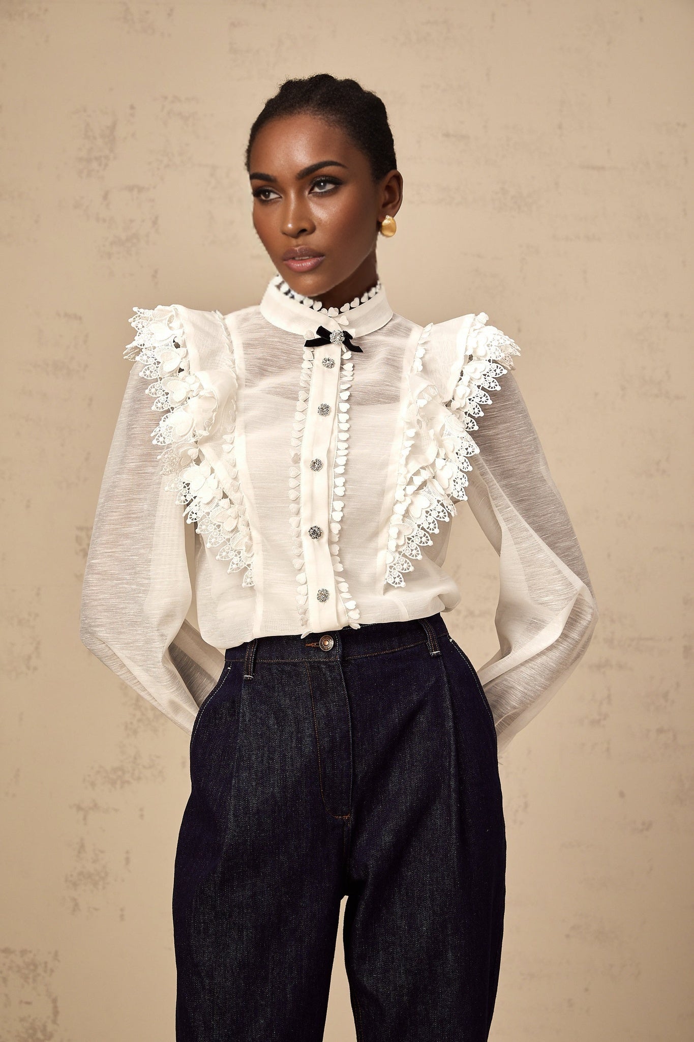 Adelina Shirt - Mock Neck - Long Sleeves - Lace Trim - Ruffled Detailing - Crystal Buttons - Bow Embellishment