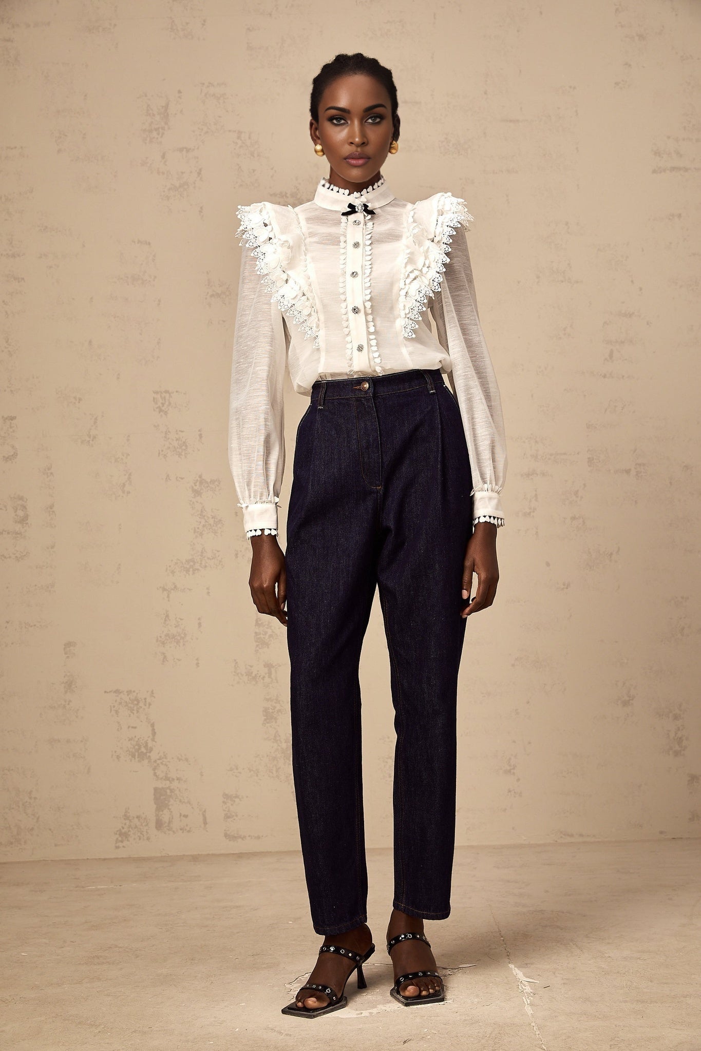 Adelina Shirt - Mock Neck - Long Sleeves - Lace Trim - Ruffled Detailing - Crystal Buttons - Bow Embellishment